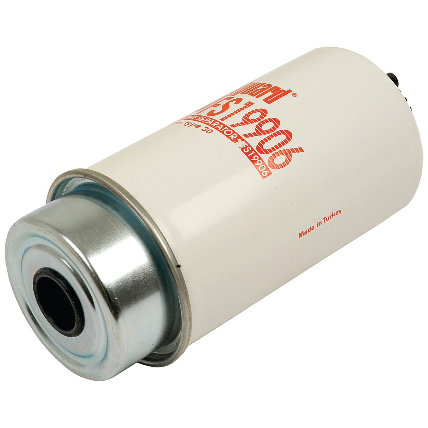 A white cylindrical filter with a metal bottom, labeled "Fleetguard FS19906" in red text, and "Made in Turkey". The Sparex Fuel Separator - Element - FS19906 (Sparex Part No. S.109171) is placed on a plain white background.