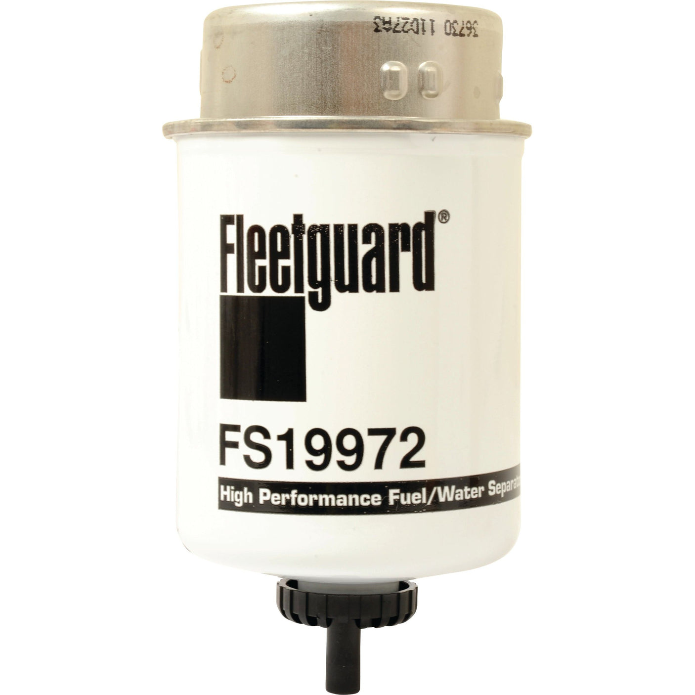 A Sparex Fuel Separator - Element - FS19972 (Sparex Part No. S.109178) high-performance fuel/water separator filter with a white body and black text, featuring a metal top and a black drain valve at the bottom. Comparable to Mann Filters WK8137, it ensures optimal efficiency for your engine.