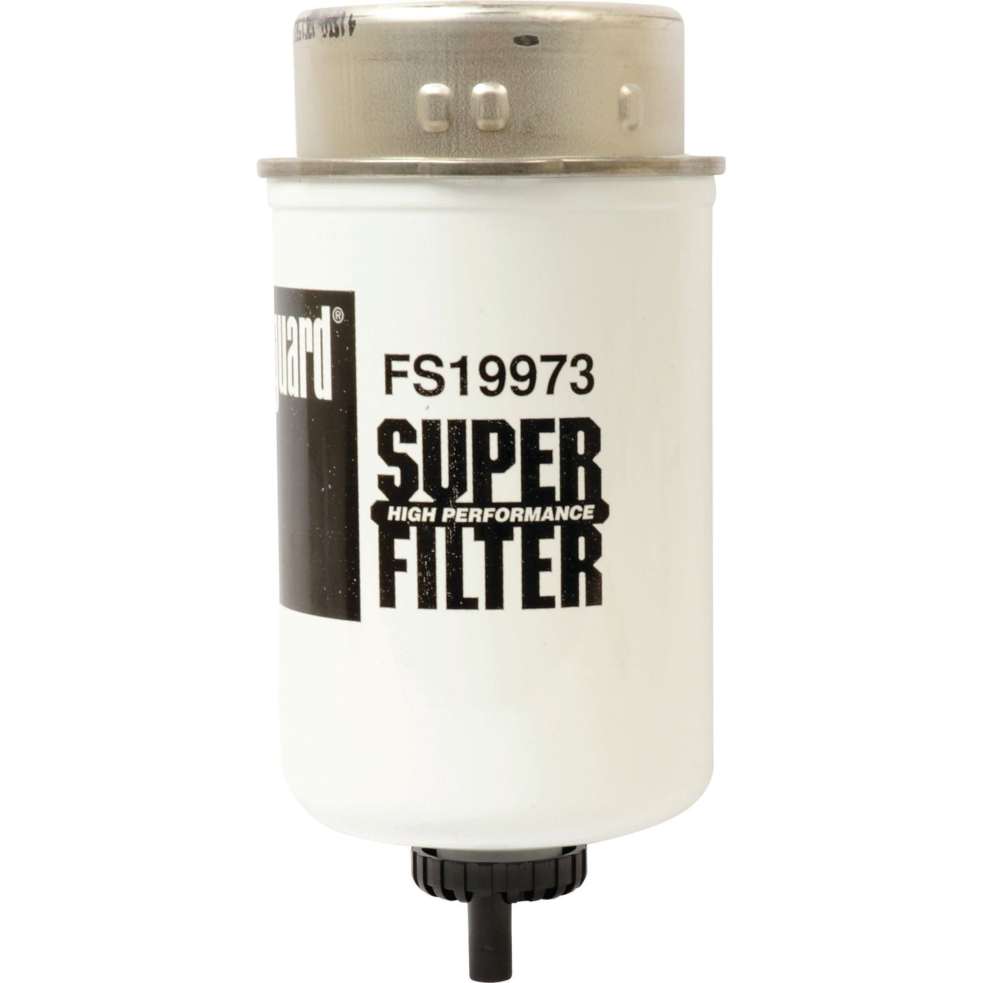 The Sparex Fuel Separator - Element - FS19973, identified by Part No. S.109179, features a white exterior with a metallic top and black text proclaiming "High Performance." This Fleetguard Filter includes an integrated fuel separator function with a 30-micron rating.