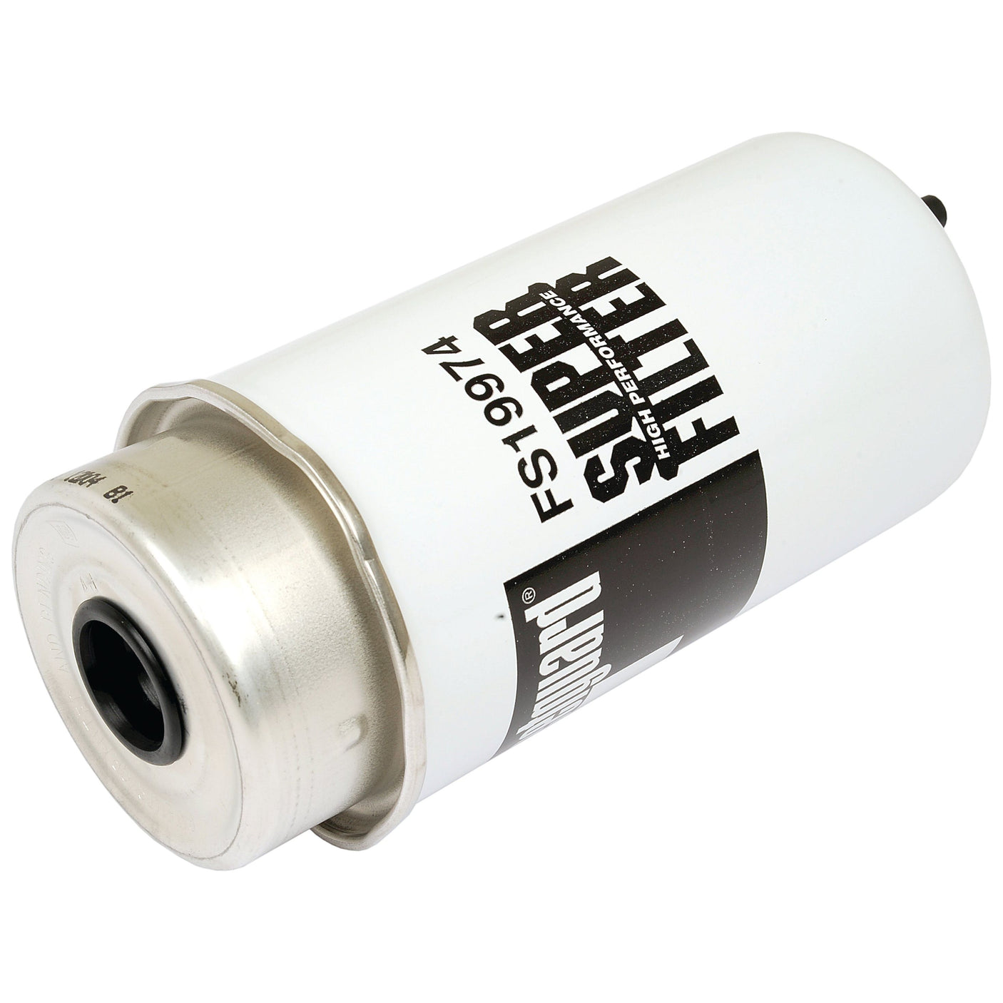 A white cylindrical fuel filter labeled "Fuel Separator - Element - FS19974" with a metal top and a central hole for attachment, this Sparex Filter (Sparex Part No. S.109180) also boasts a Micron Rating of 5.