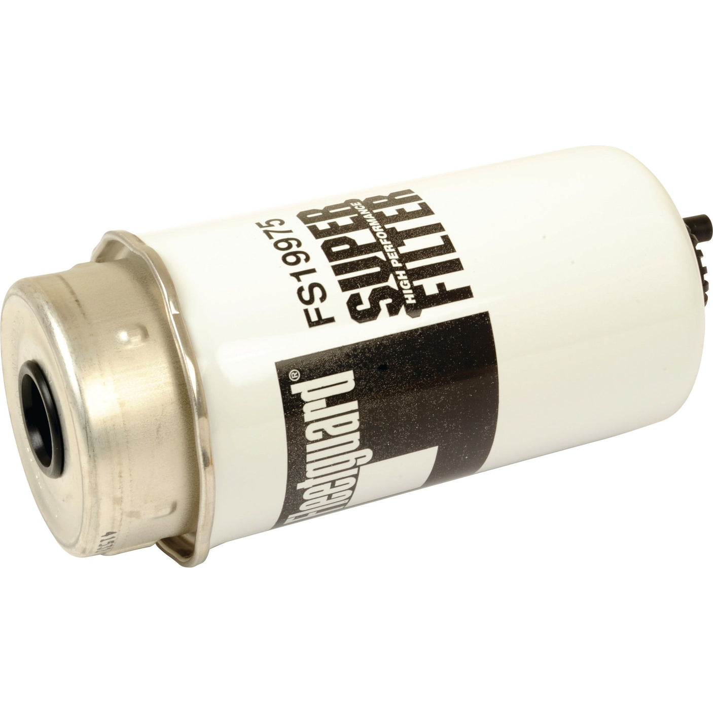 A white Sparex FS19975 fuel separator, branded as "Super Filter" with a metal cap and black text labeling, compatible with Claas ARION.