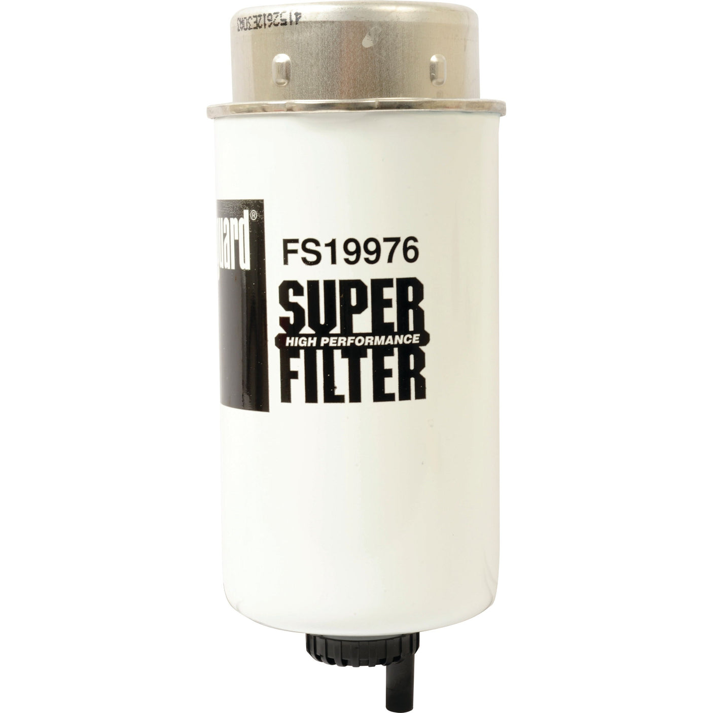 Close-up view of a white cylindrical engine oil filter with the label "Fuel Separator - Element - FS19976 | Sparex Part No.S.109182" printed on it, compatible as a Fleetguard FS19976 Fuel Separator by Sparex.