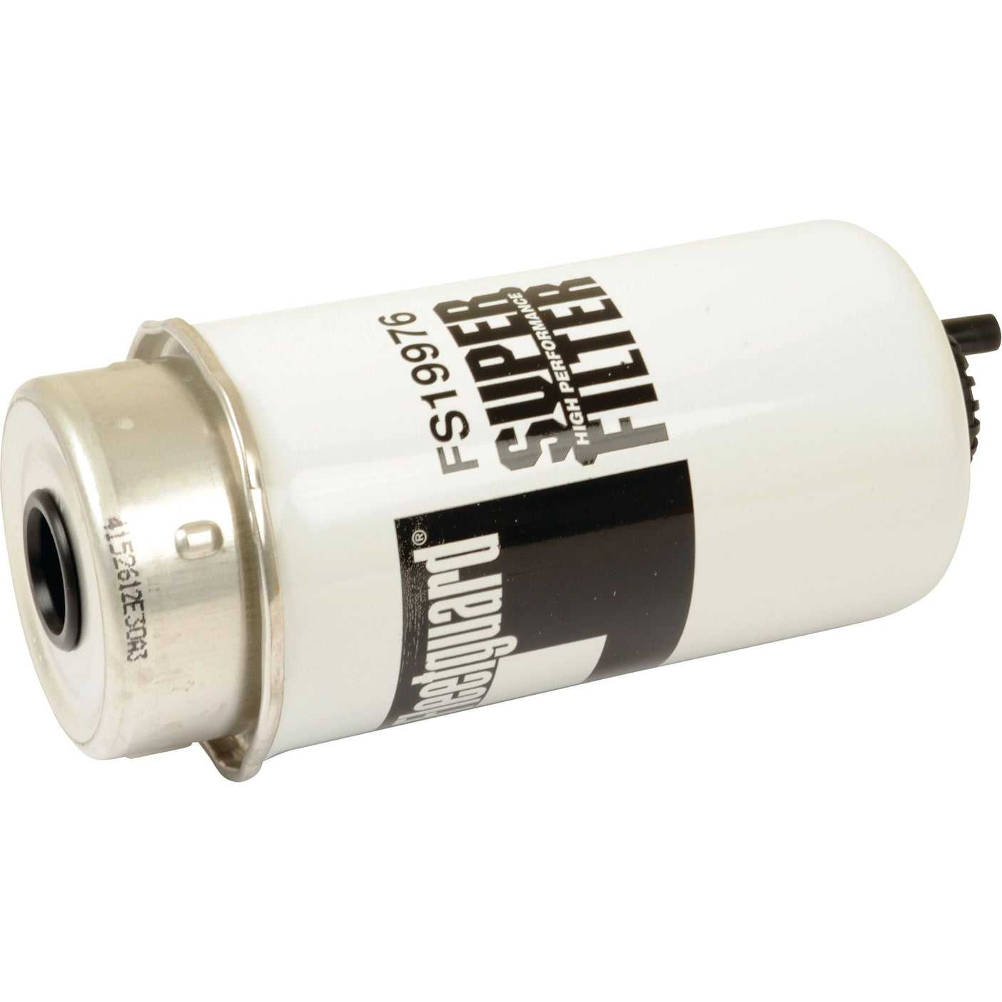 A white engine fuel filter labeled "Sparex Fuel Separator - Element - FS19976" (Sparex Part No.S.109182), featuring a silver cap and attached black components, suitable for John Deere equipment.