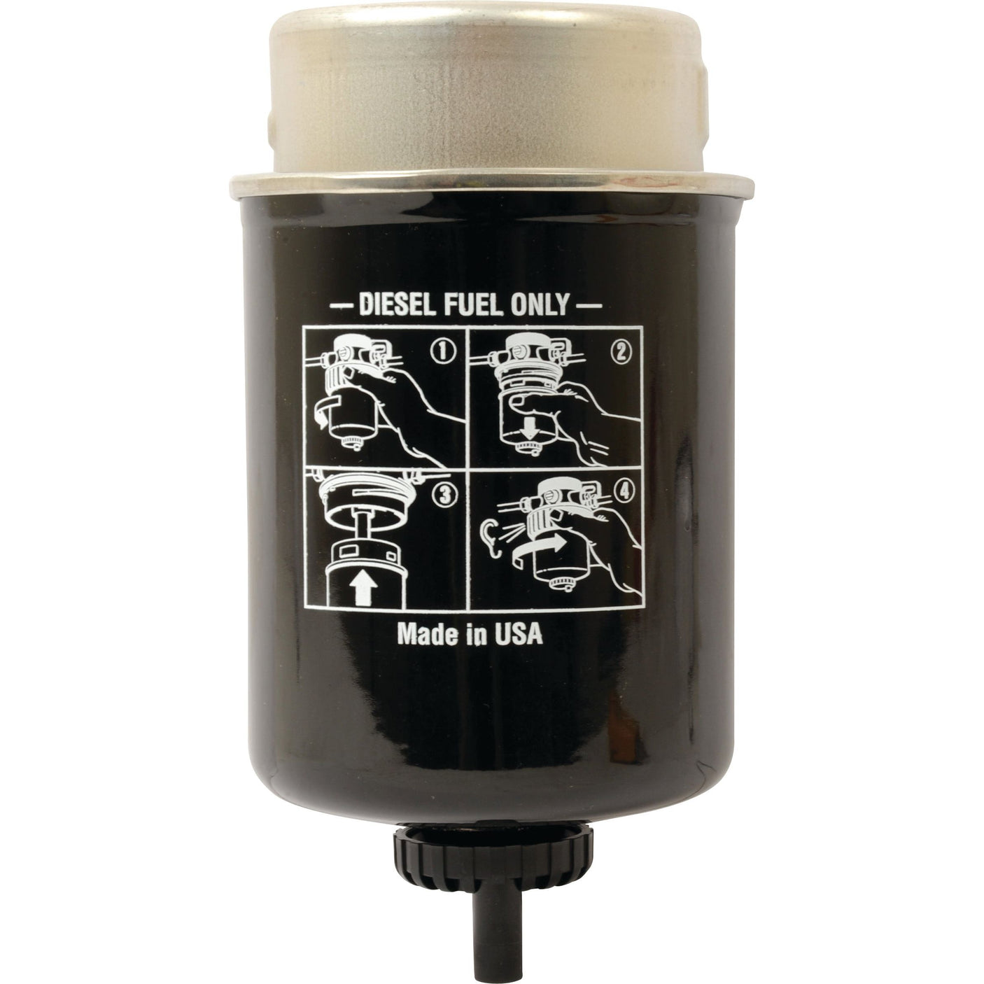 A black diesel fuel filter, featuring instructional diagrams and text reading "Diesel Fuel Only" and "Made in USA," similar to the Sparex Fuel Separator - Element - FS19977 used in John Deere filters.