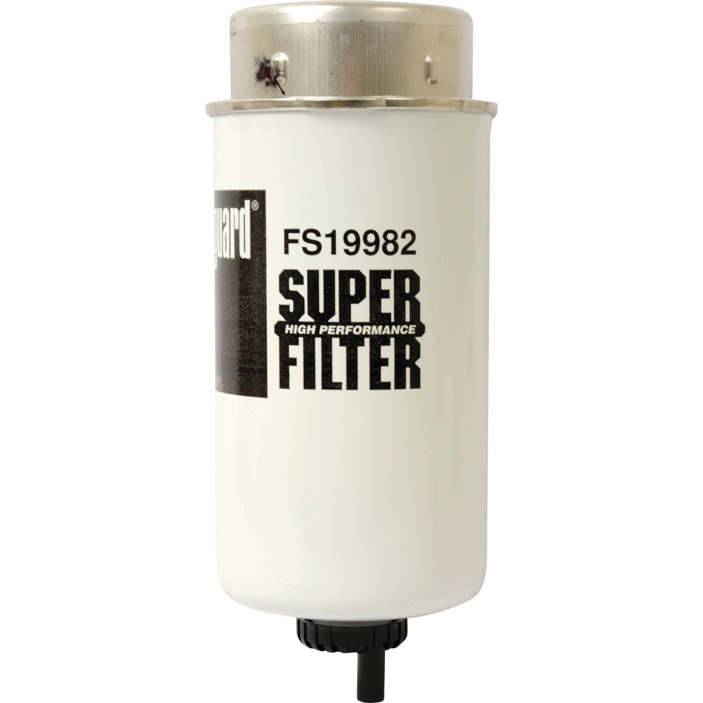 A white cylindrical fuel filter, labeled "Fuel Separator - Element - FS19982" by Sparex (Part No. S.109186), features a metallic top and a black outlet at the bottom.