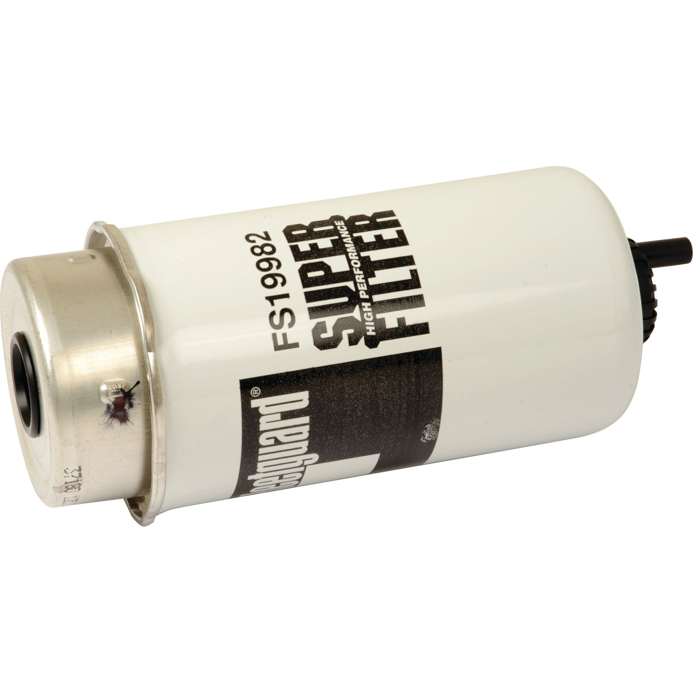 A white cylindrical fuel separator labeled "Fuel Separator - Element - FS19982" (Sparex Part No. S.109186) with a connector at one end, ideal for Fleetguard Filters and Ford New Holland applications. This high-performance Sparex product ensures top efficiency.