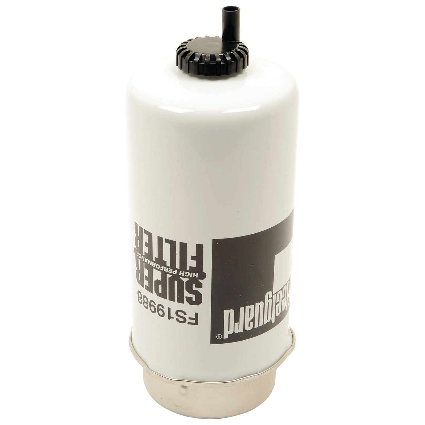 A white fuel filter canister with black text reading "FS1280" and "Super Filter" by Fleetguard, featuring a black cap and connector at the top, similar to the Sparex Fuel Separator - Element - FS19988 (Sparex Part No. S.109188) with a Micron Rating of 30.