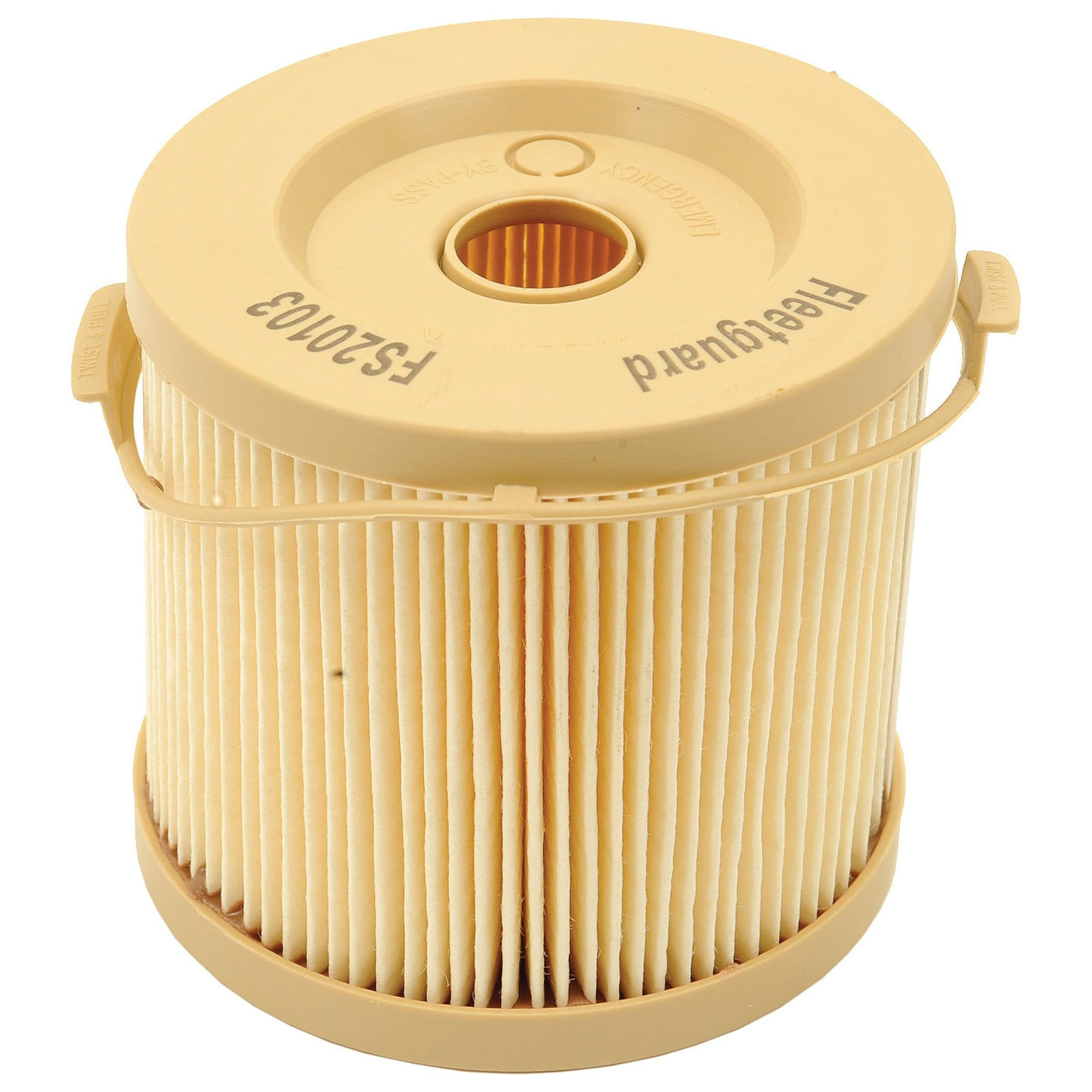 Cylindrical beige oil filter with pleated paper media and a top label reading "Sparex FS20103," known for its fuel separator capabilities, marketed as the Fuel Separator - Element - FS20103 (Sparex Part No.S.109193).