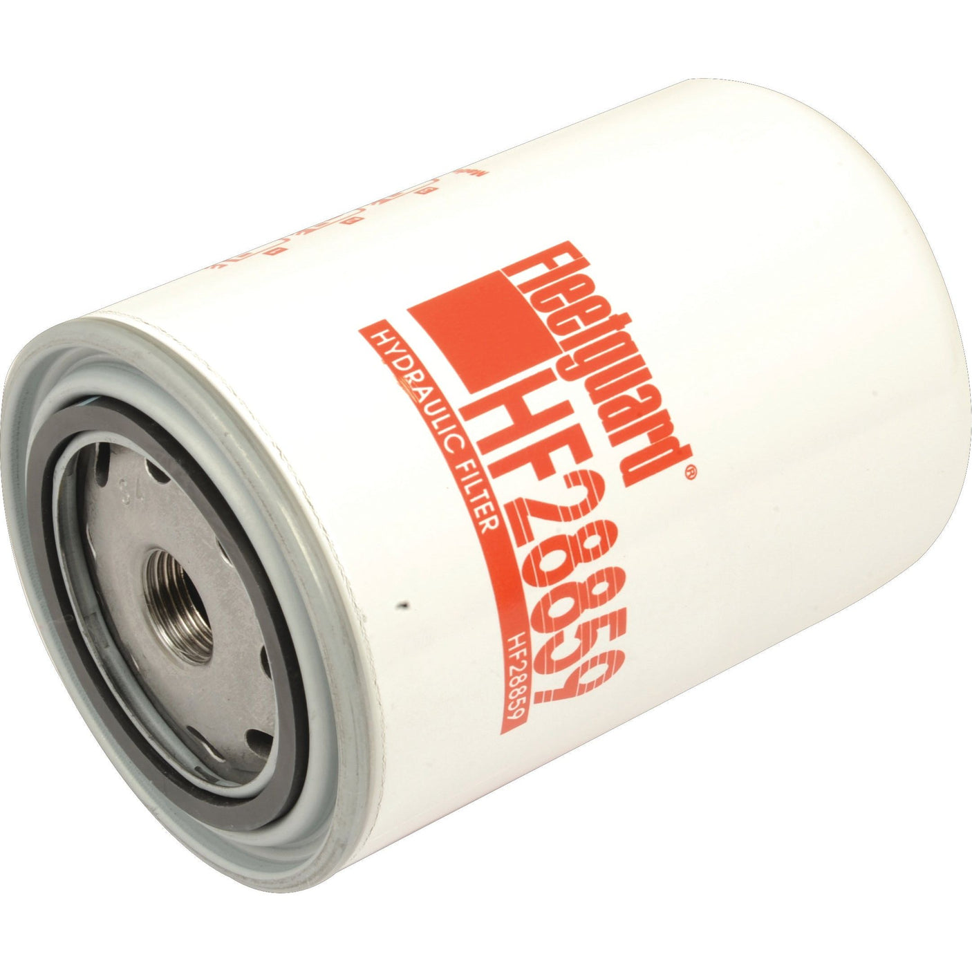 A white cylindrical hydraulic filter, branded "Sparex," with the designation "HF28859" printed in red and black text on the side, compatible with Deutz-Fahr AGROTRON models.