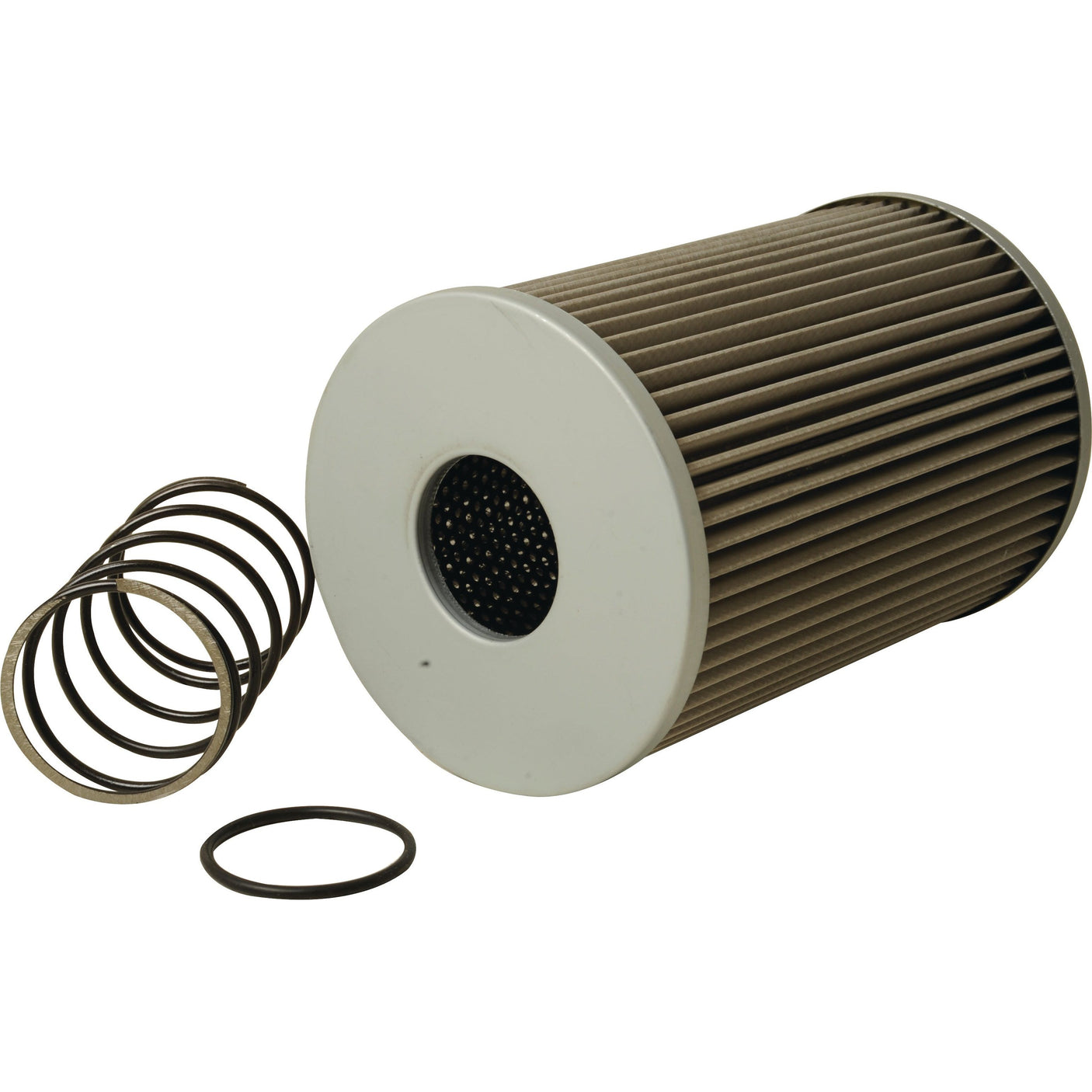 A cylindrical filter with a white cap and pleated design, similar to the Hydraulic Filter - Element - HF28872 | Sparex Part No. S.109205 by Sparex, is accompanied by several circular metal rings, displayed on a white background.