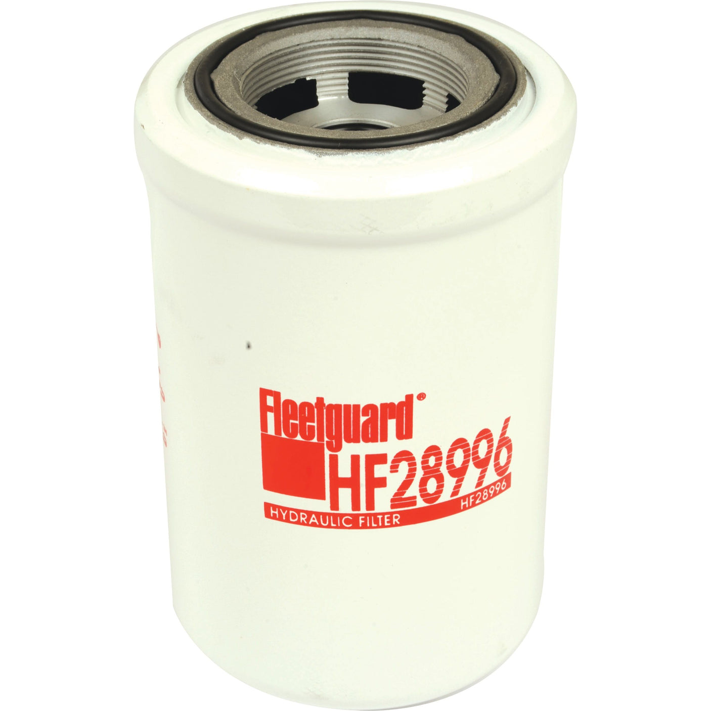 The Sparex Hydraulic Filter - Spin On - HF28996 (Sparex Part No.S.109218), compatible with Claas TARGO machinery, features a cylindrical shape with a white exterior and red text.