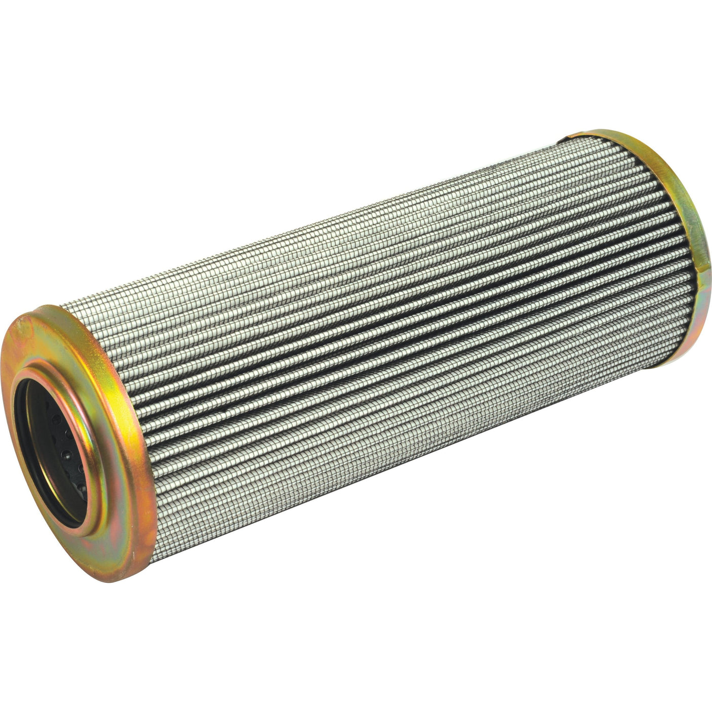 The Sparex Hydraulic Filter - Element HF30262, identified as Sparex Part No. S.109223, is a cylindrical metal filter with a pleated design and golden end caps, ideal for filtration in various industrial applications and suitable for Massey Ferguson machinery.