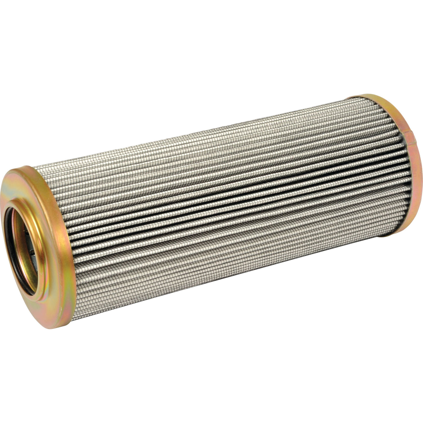 A cylindrical metal mesh filter with round openings at both ends, featuring a gold-colored rim and grey ridged surface, resembling the design of a Sparex Hydraulic Filter - Element - HF30747 (Sparex Part No. S.109227).