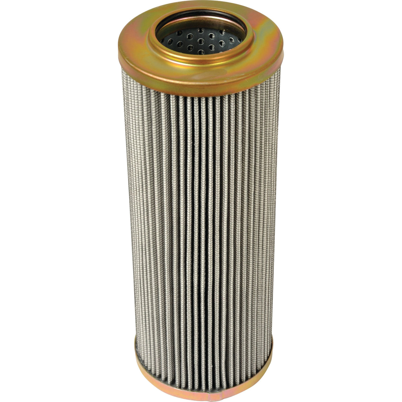 A Sparex Hydraulic Filter, model HF30747 (Sparex Part No. S.109227), featuring a cylindrical metal mesh design with gold-colored top and bottom caps and vertical pleats for efficient filtration, ensures optimal performance.