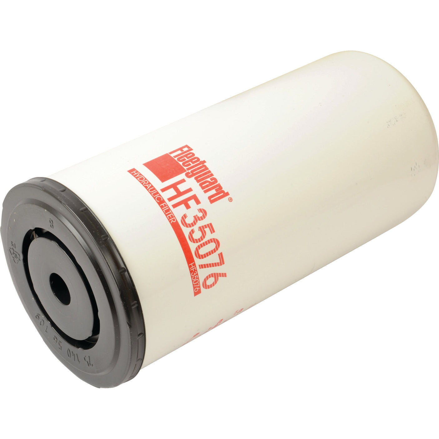 A white cylindrical Sparex Hydraulic Filter - Spin On - HF35076 (Sparex Part No.S.109230) with a black base, designed for fluid filtration in John Deere machinery.