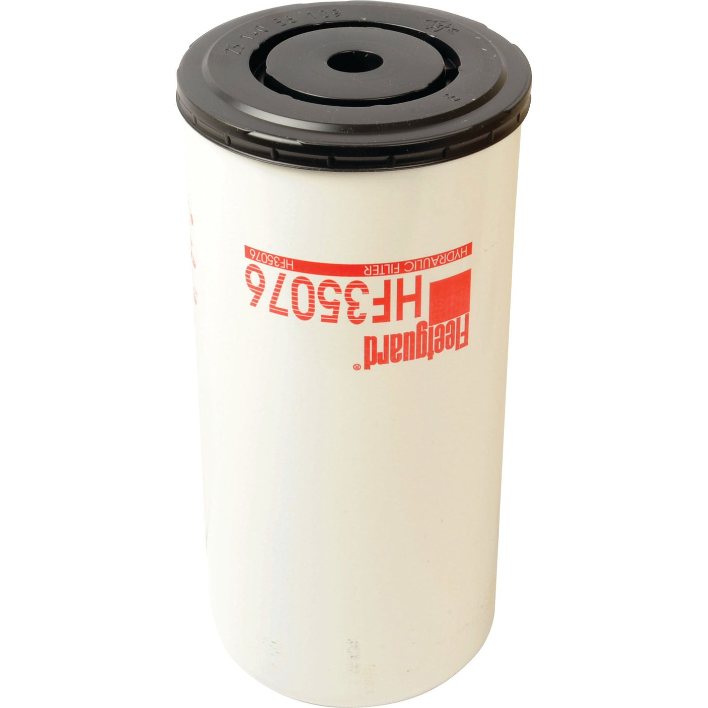 A white cylindrical hydraulic filter with a black top, labeled "Hydraulic Filter - Spin On - HF35076" by Sparex (Sparex Part No. S.109230), compatible with John Deere machinery.