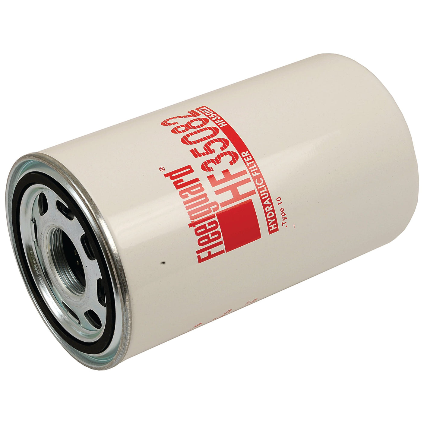 A white Sparex HF35082 spin-on hydraulic filter with red and black text, featuring a BSP thread, lying on its side.