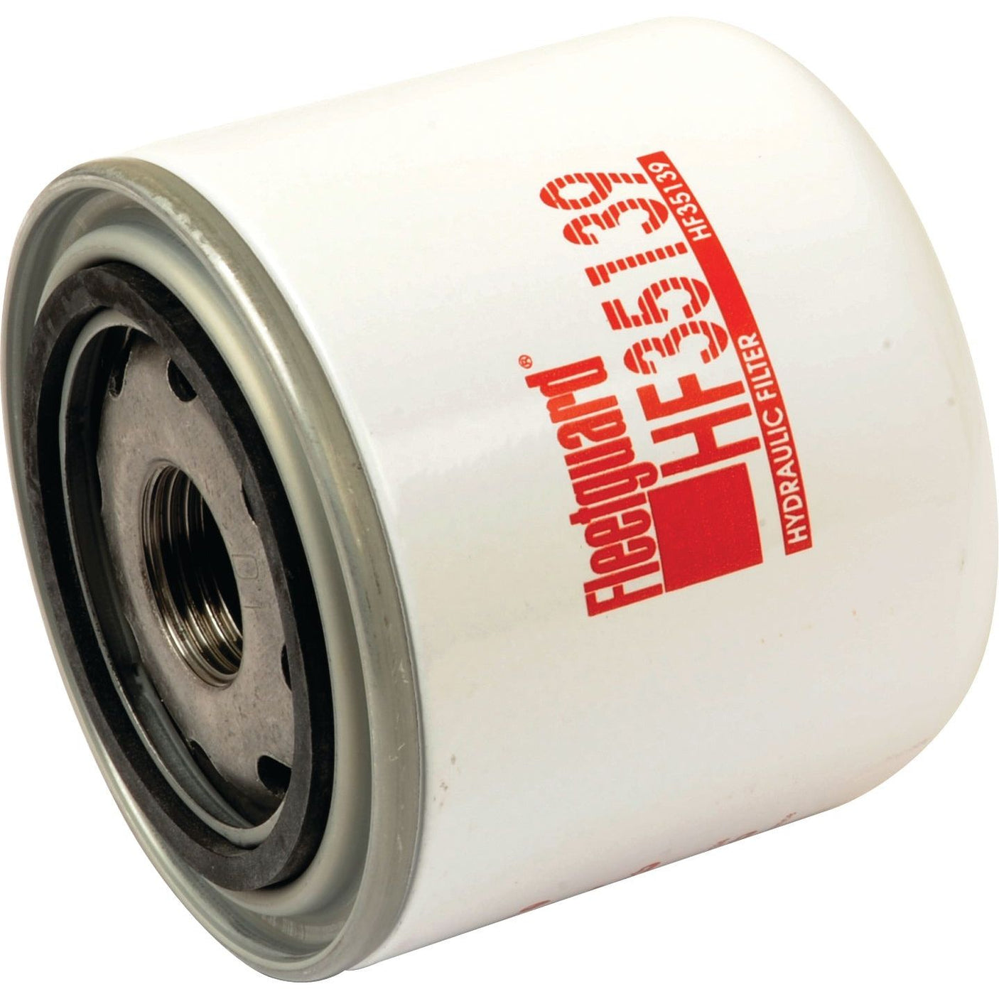 Close-up of a Sparex HF35139 Spin On Hydraulic Filter, featuring a white casing and red text, perfect for JCB 3CX equipment (Sparex Part No. S.109234).