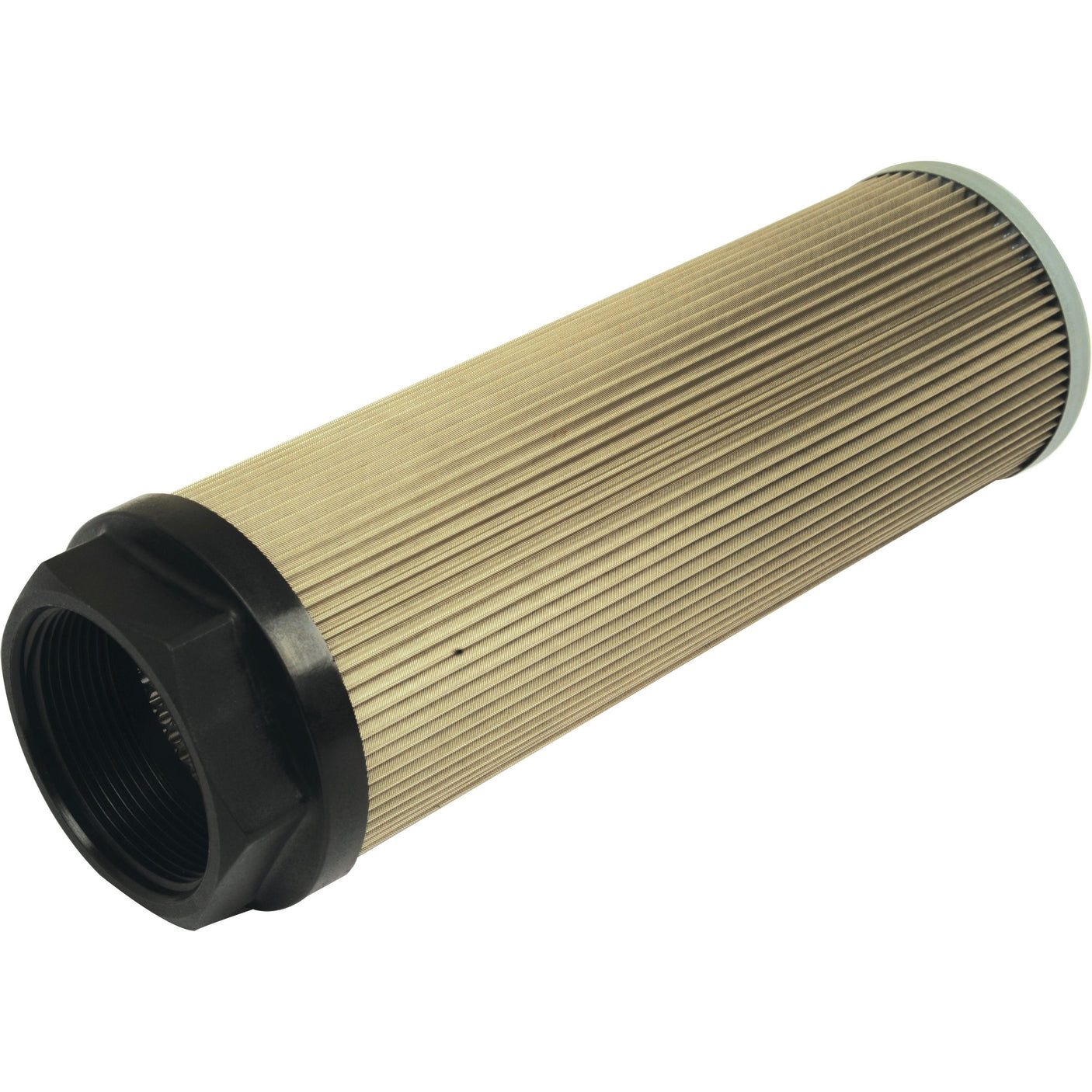 Image of a cylindrical pleated filter cartridge with a black plastic cap on one end and a white plastic cap on the other, similar to the Sparex Hydraulic Filter - Spin On - HF35162 (Sparex Part No. S.109236) used in Manitou MLT523 machinery.