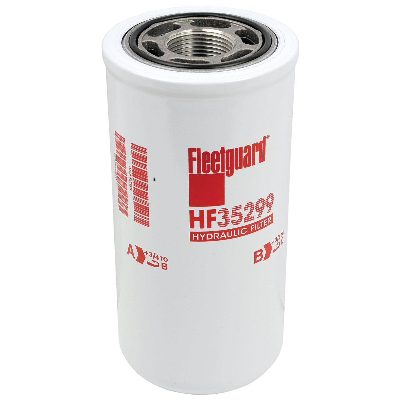 The Sparex Hydraulic Filter - Spin On - HF35299 (Sparex Part No. S.109244) is compatible with John Deere filters and features a white cylindrical casing with red text and a metal top connector.