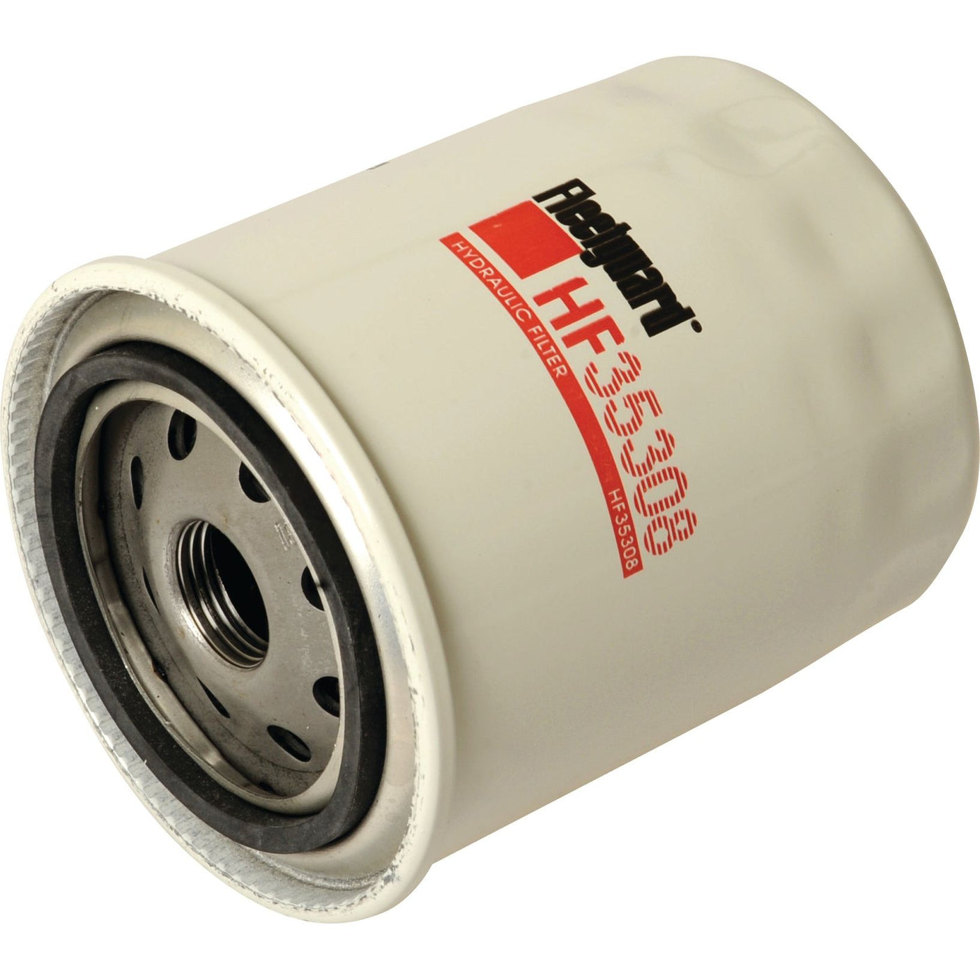 The Sparex Hydraulic Filter - Spin On - HF35308, featuring a cylindrical shape with a white body, metal center, and red label, is known for its compatibility with Kubota equipment.