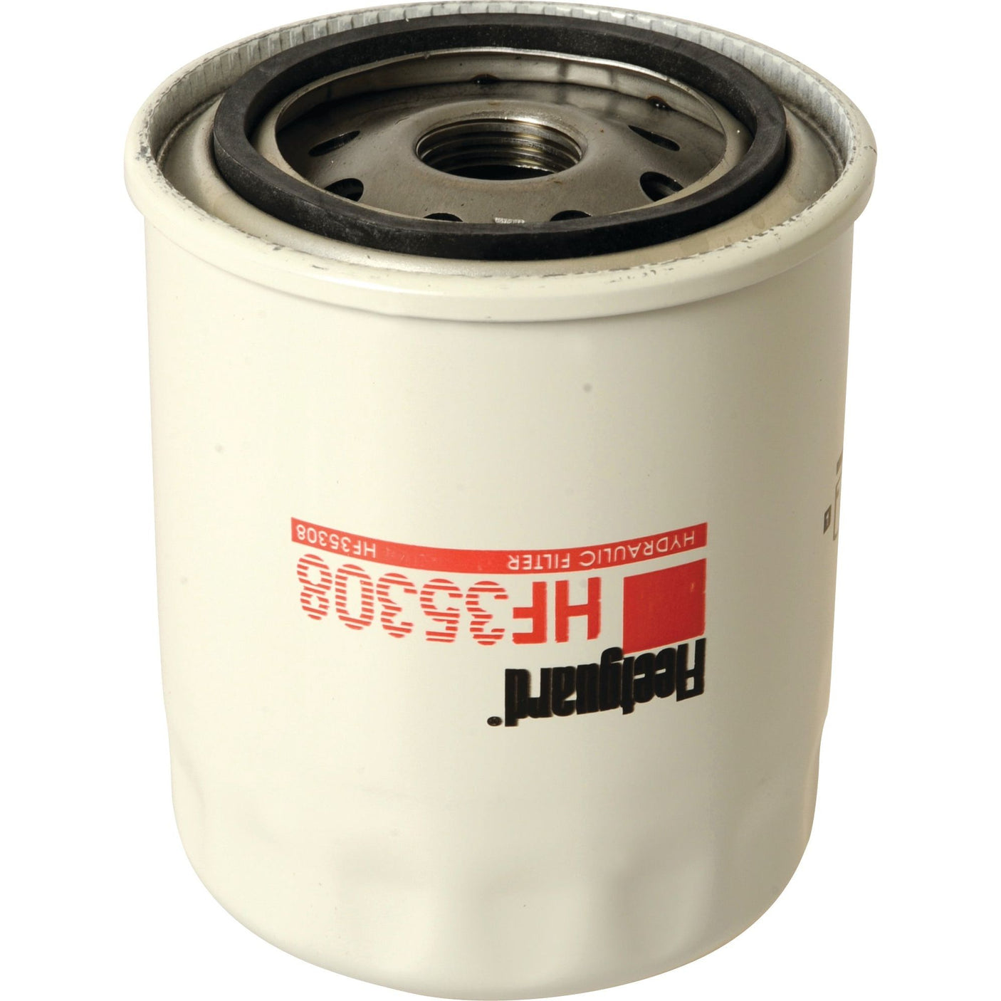 A close-up image of a Sparex Hydraulic Filter - Spin On (HF35308) with a white cylindrical body and a metal top, highlighting its Kubota compatibility. The model number is printed in red on the side.