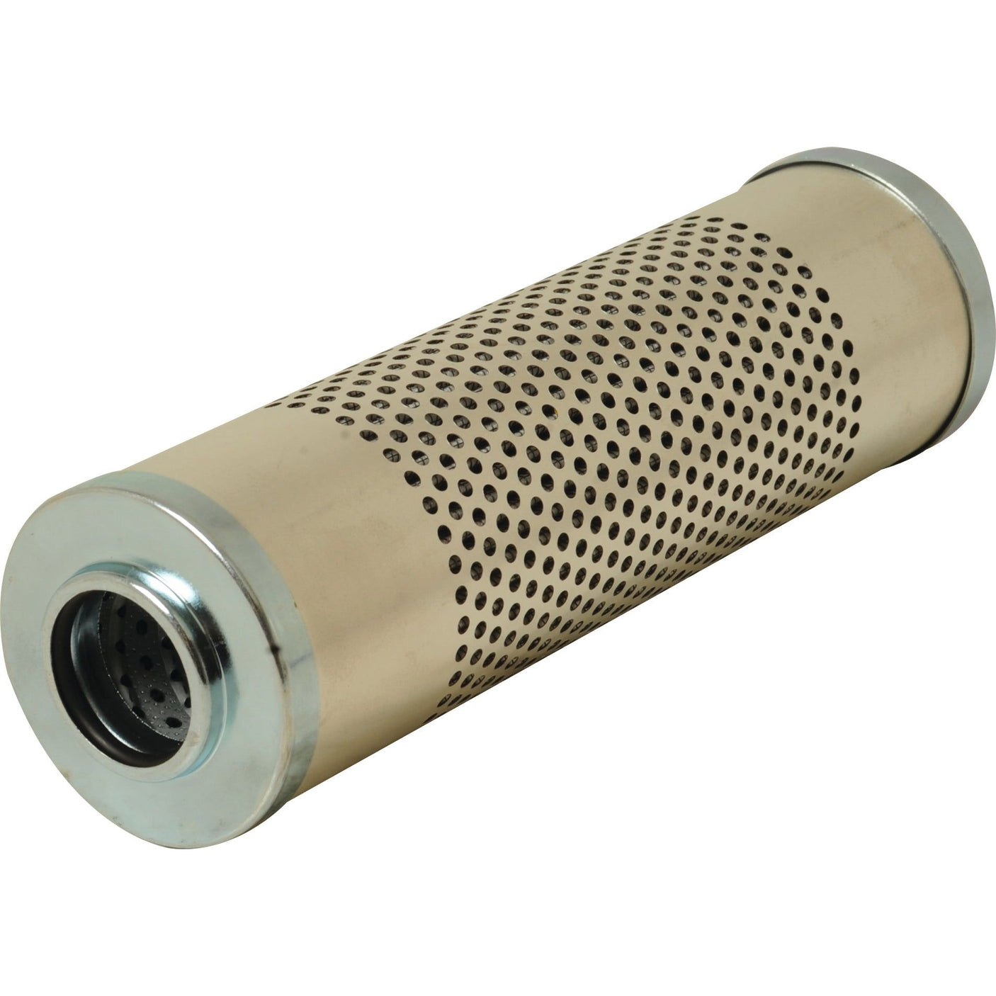 The Sparex Hydraulic Filter - Element - HF35313 (Sparex Part No.S.109248) features a cylindrical metal design with perforations, a smaller threaded opening on one end, and a wider opening on the other, making it an ideal hydraulic filter for your Fendt Farmer equipment.