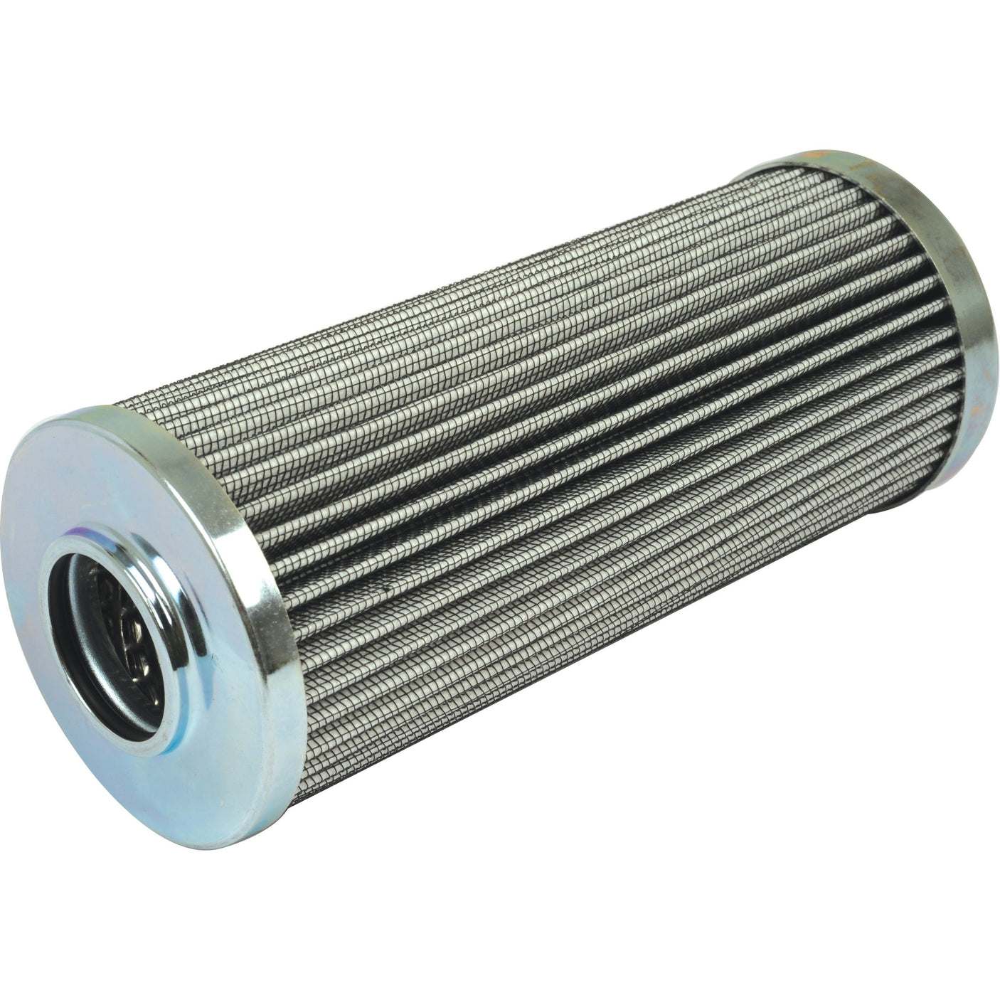 The Sparex Hydraulic Filter - Element - HF35322 (Sparex Part No. S.109253) features a cylindrical design with pleated mesh and capped ends in silver, making it ideal for industrial or mechanical applications as a hydraulic filter or a replacement for Fleetguard HF35322.