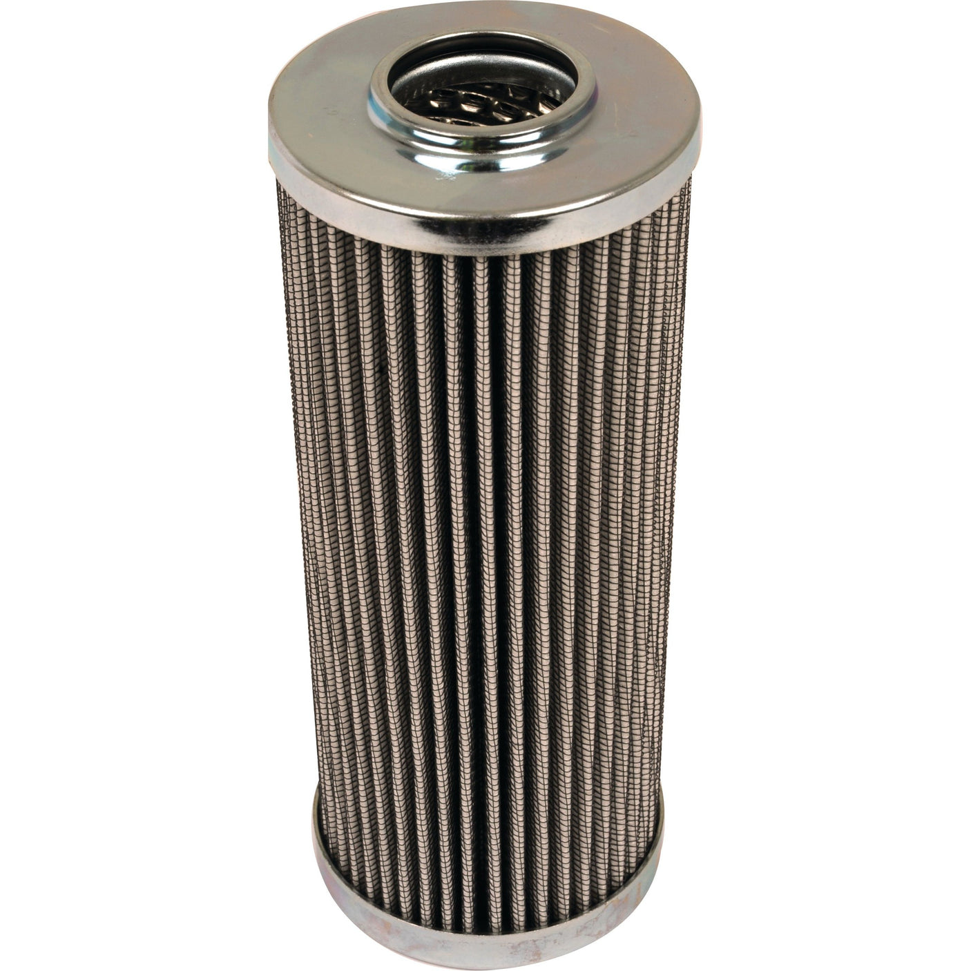 The Sparex Hydraulic Filter - Element HF35322, also known as Sparex Part No. S.109253, is a cylindrical metal hydraulic filter featuring pleated sides and metallic caps on each end, designed for efficient fluid filtration in Massey Ferguson parts.