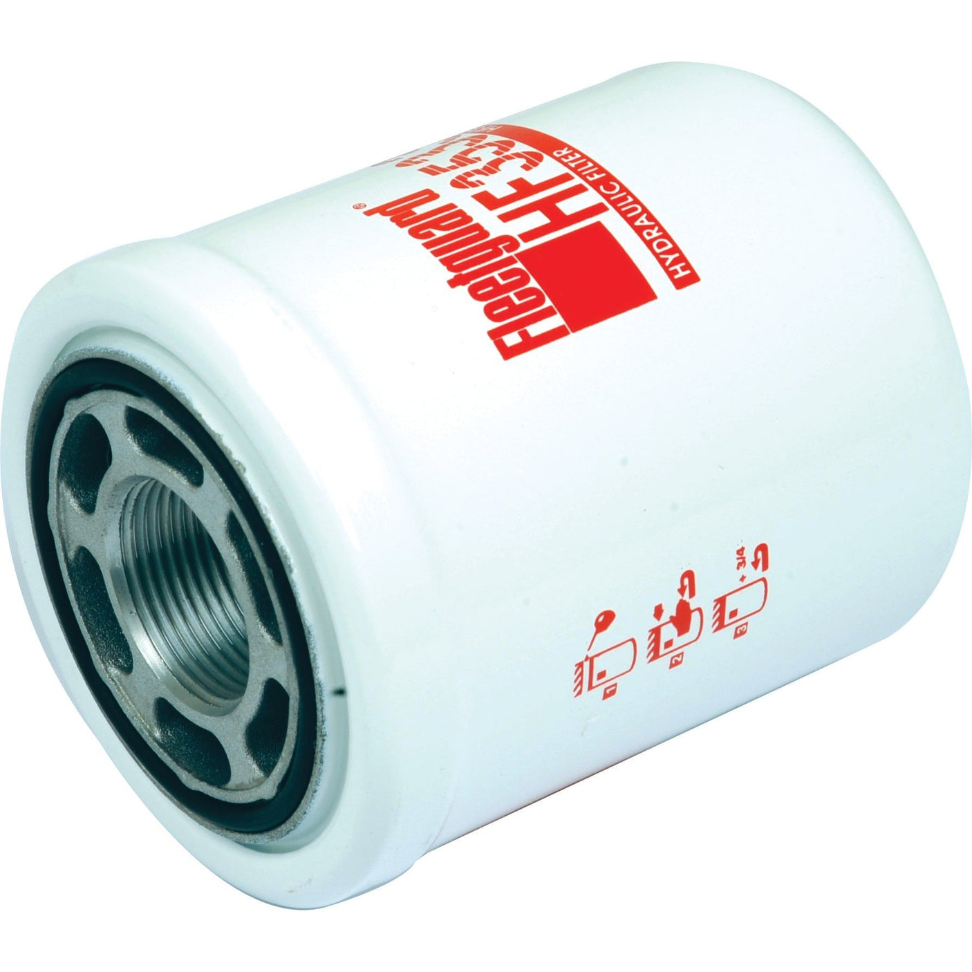 A cylindrical white filter with metal threading and several red markings, including text that says "Sparex S.109255" and "Hydraulic Filter - Spin On - HF35339," is John Deere compatible.