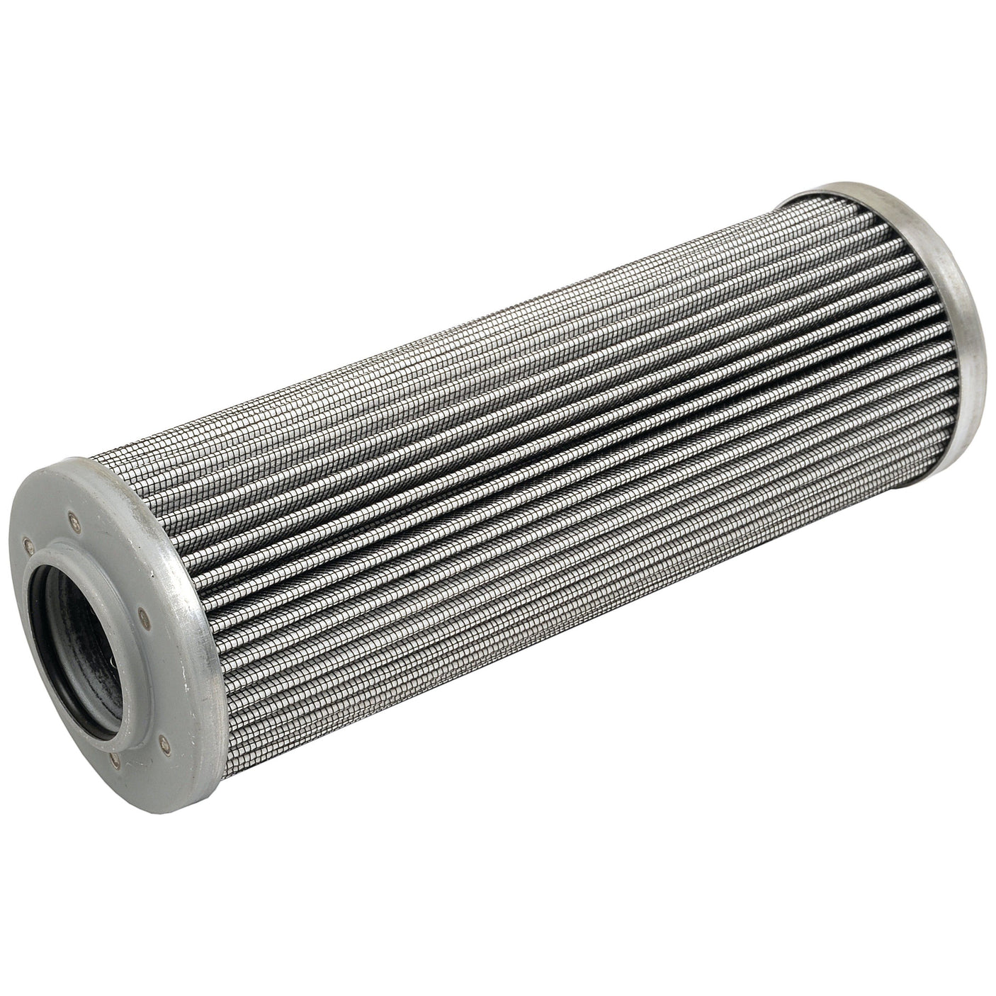 A cylindrical metal hydraulic filter with parallel grooves and capped ends, compatible with Fleetguard HF35340 and ideal for Deutz-Fahr AGROTRON, is available as the Sparex Hydraulic Filter - Element - HF35340 (Part No. S.109256).