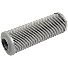 A cylindrical metal hydraulic filter with parallel grooves and capped ends, compatible with Fleetguard HF35340 and ideal for Deutz-Fahr AGROTRON, is available as the Sparex Hydraulic Filter - Element - HF35340 (Part No. S.109256).