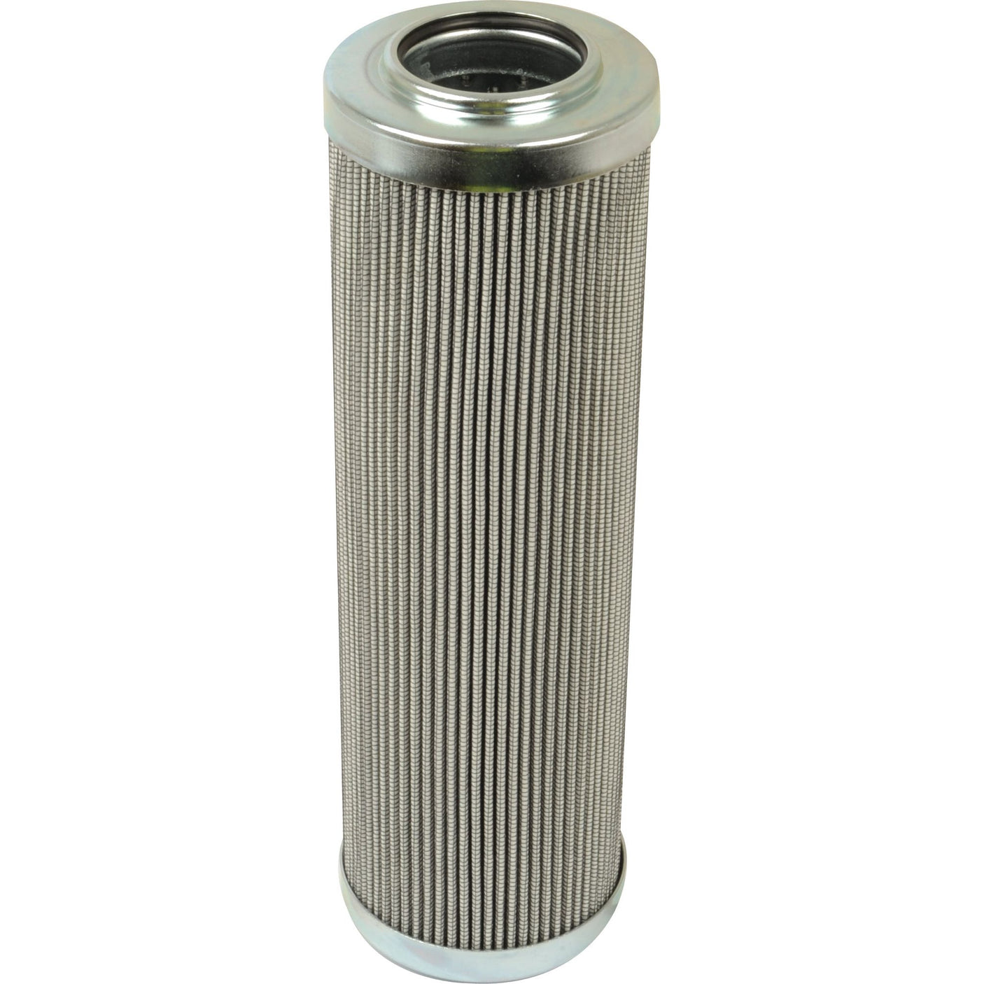 The Sparex Hydraulic Filter - Element - HF35343 (Sparex Part No. S.109258) is a cylindrical metal filter with pleated sides and a threaded top connector, commonly used in John Deere machinery for efficient fluid or air filtration.