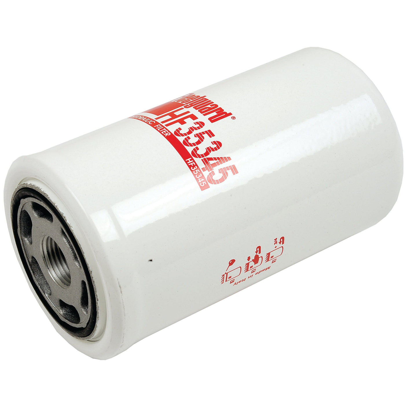 A white cylindrical Sparex hydraulic filter with black and red text displaying model number HF35345, suitable for Claas COMMANDOR.