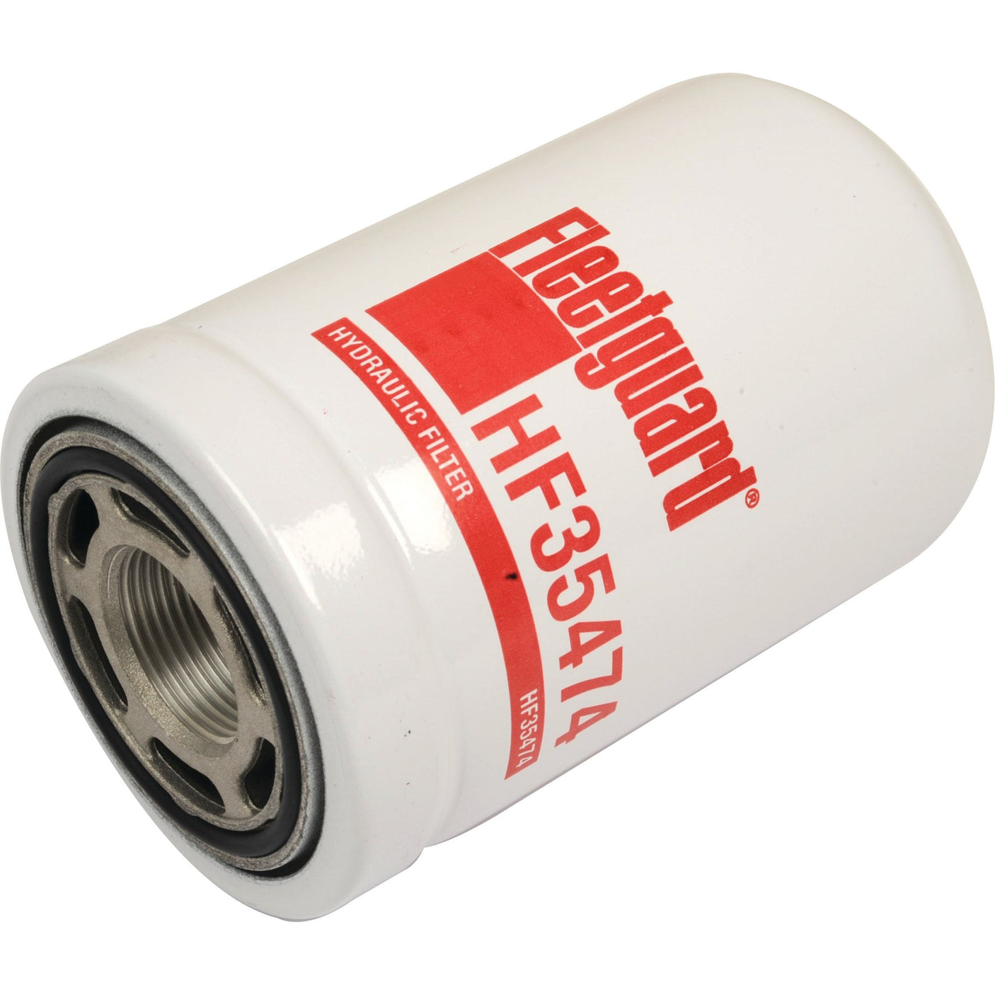 The Sparex Hydraulic Filter - Spin On (Part No. S.109264) is a white cylindrical filter, model HF35474, featuring a red label and metal threading on one end, making it perfect for John Deere tractors.