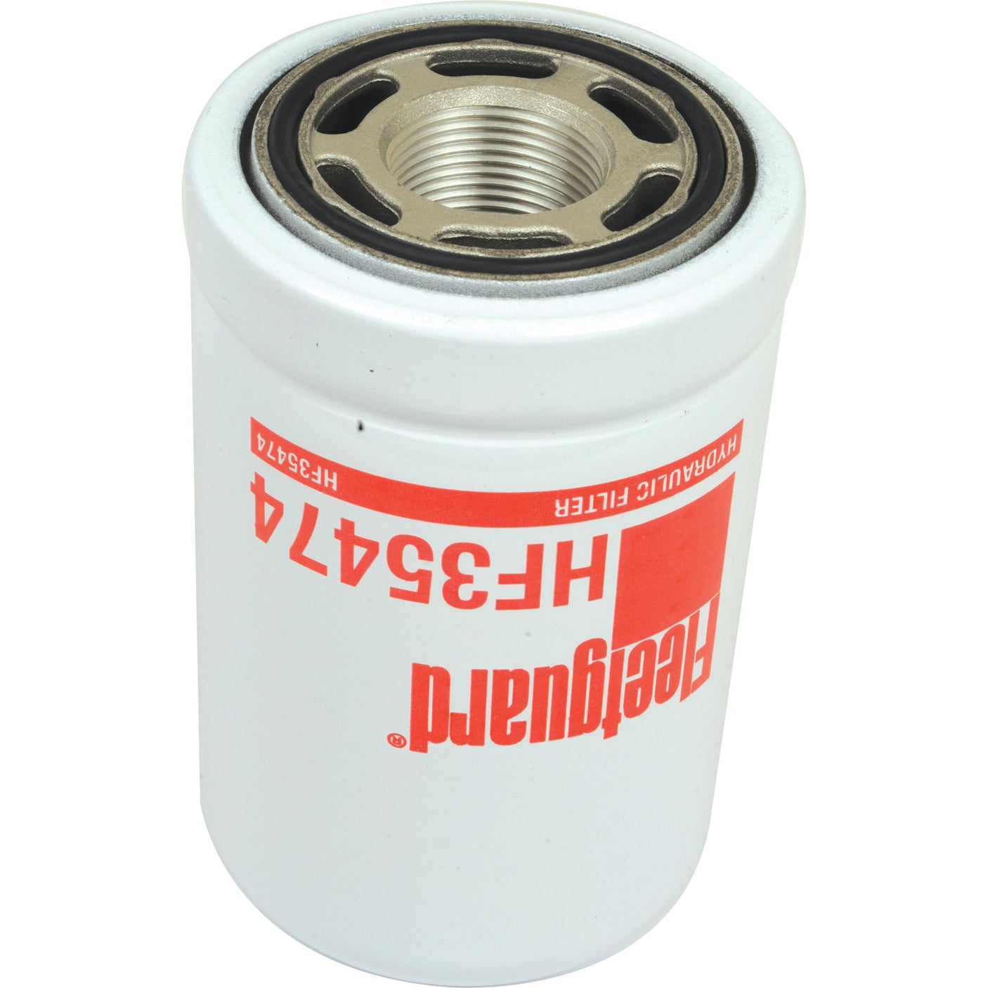 A white cylindrical spin-on hydraulic filter with a red label displaying the brand "Sparex" and the model number "HF35474," ideal for John Deere tractors.