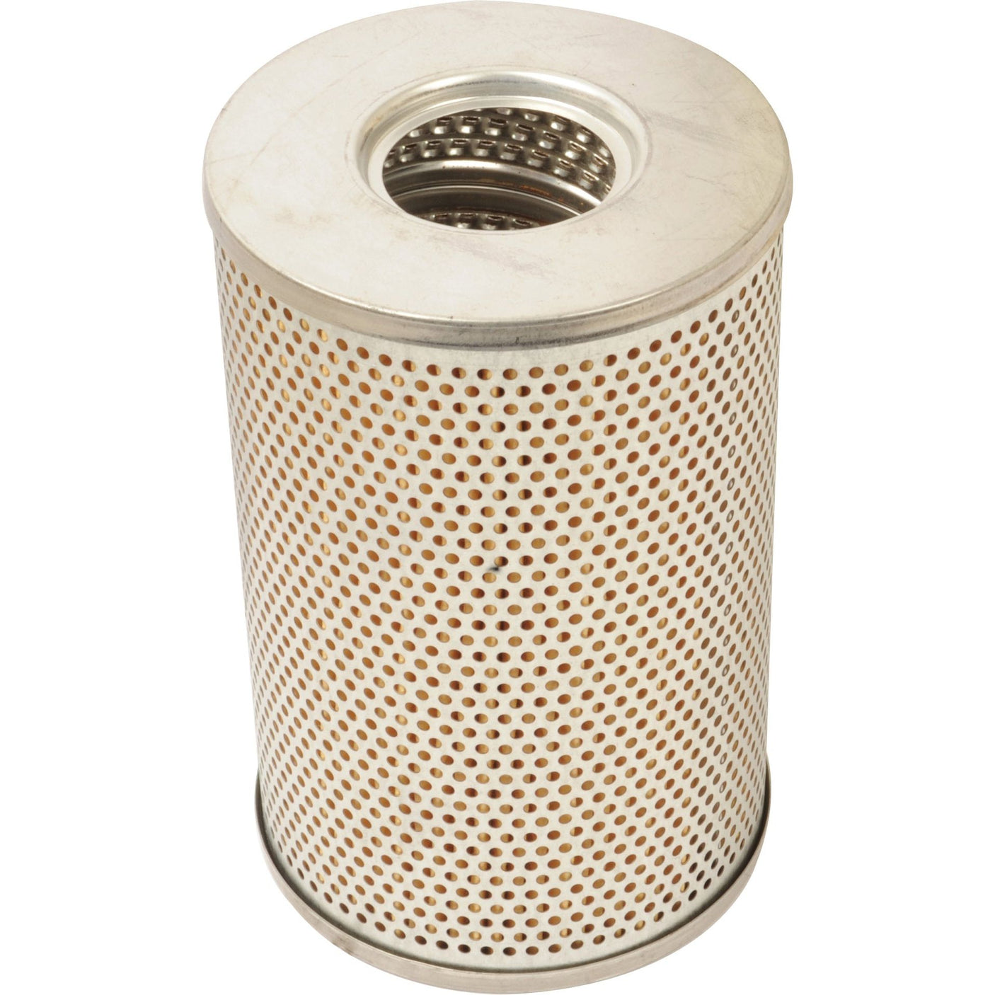 A cylindrical metal hydraulic filter, similar to the Sparex Hydraulic Filter - Element - HF6059 (Sparex Part No. S.109279), features a perforated outer casing and an open top.