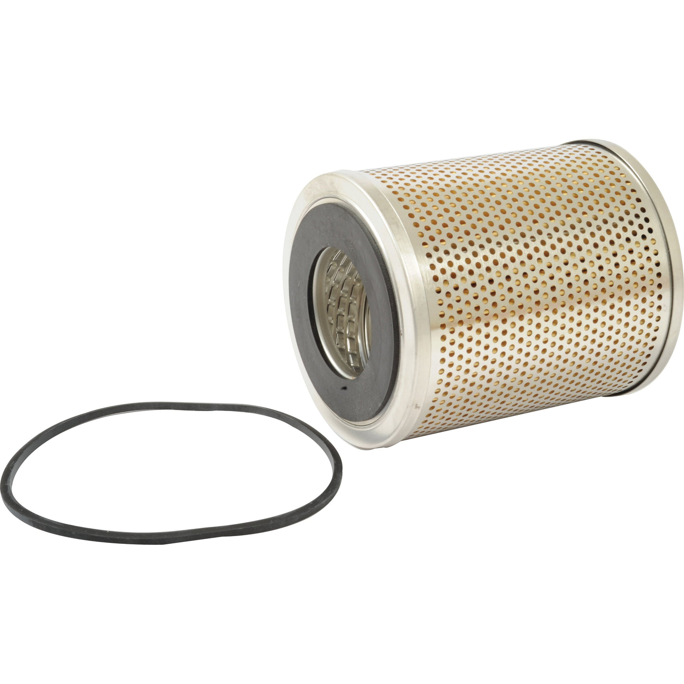 A Sparex Hydraulic Filter - Element (HF6079 | Sparex Part No. S.109281) with a perforated metal casing is shown next to a black rubber O-ring, making it an ideal replacement compatible with John Deere and suitable for use with Fleetguard Hydraulic Filters.