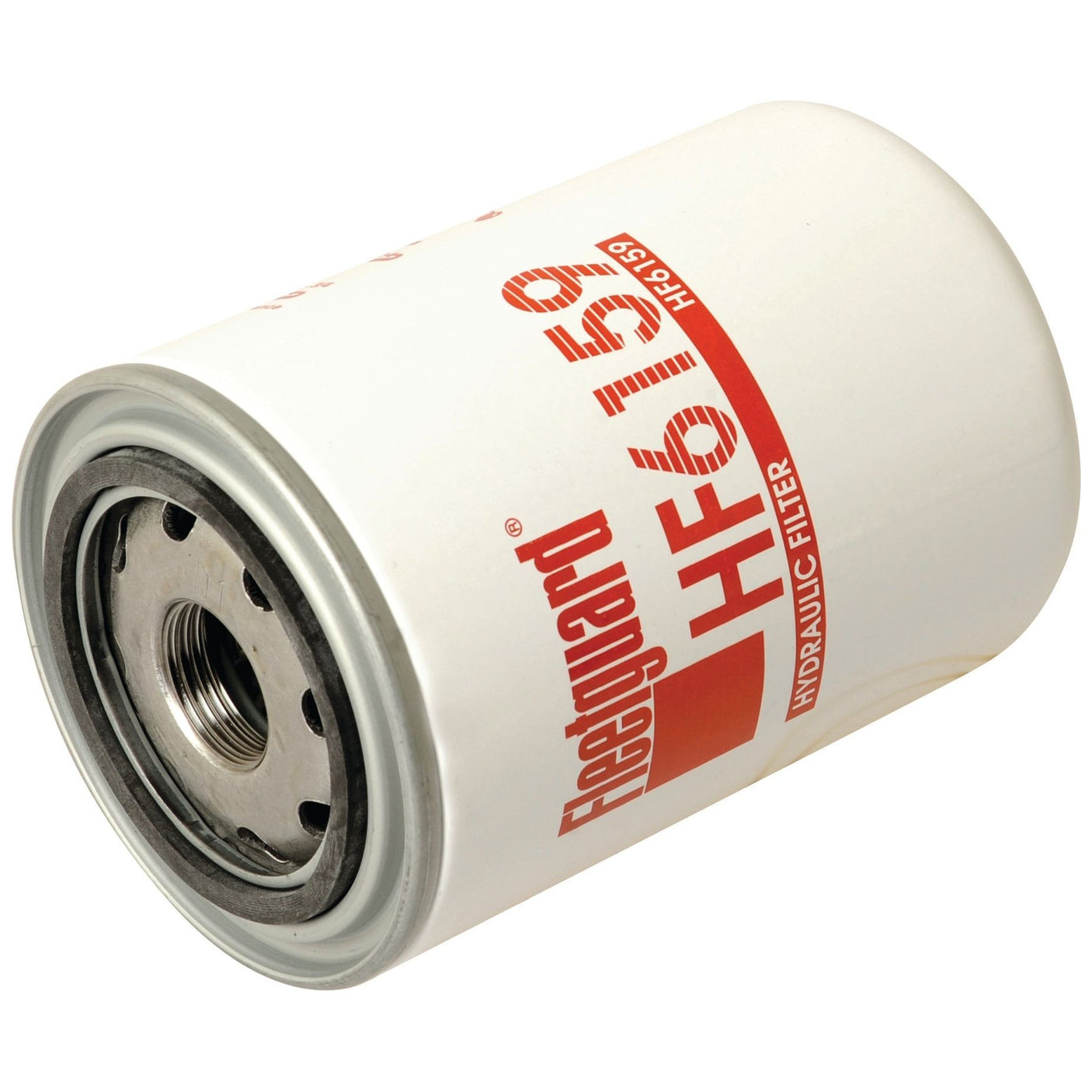 A Sparex HF6159 hydraulic filter - Spin On - (Sparex Part No. S.109293), with its white casing labeled in red text, lies on its side, ready for use in heavy machinery such as Deutz-Fahr tractors or Claas SCORPION telehandlers.