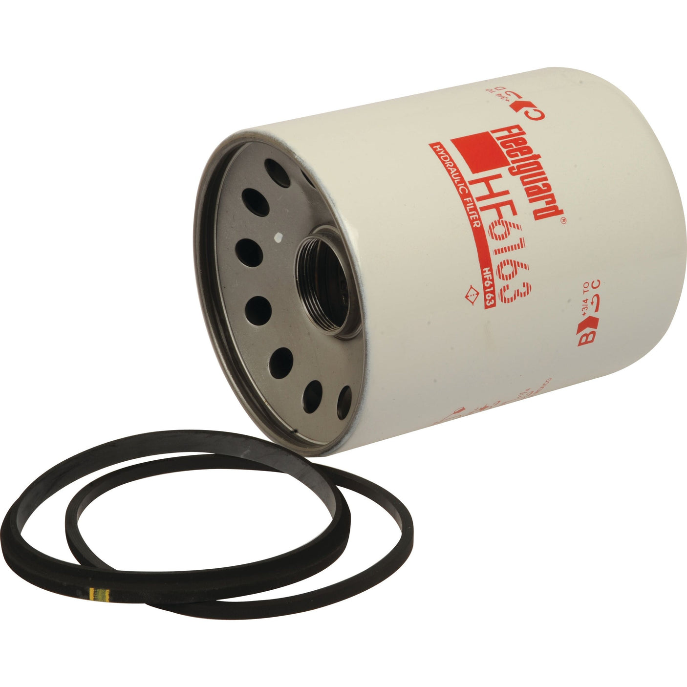 A Sparex cylindrical hydraulic filter, Spin On HF6163 (Sparex Part No.S.109294), features a metal base with multiple holes and includes two black rubber O-rings, specifically designed for Massey Ferguson 220.