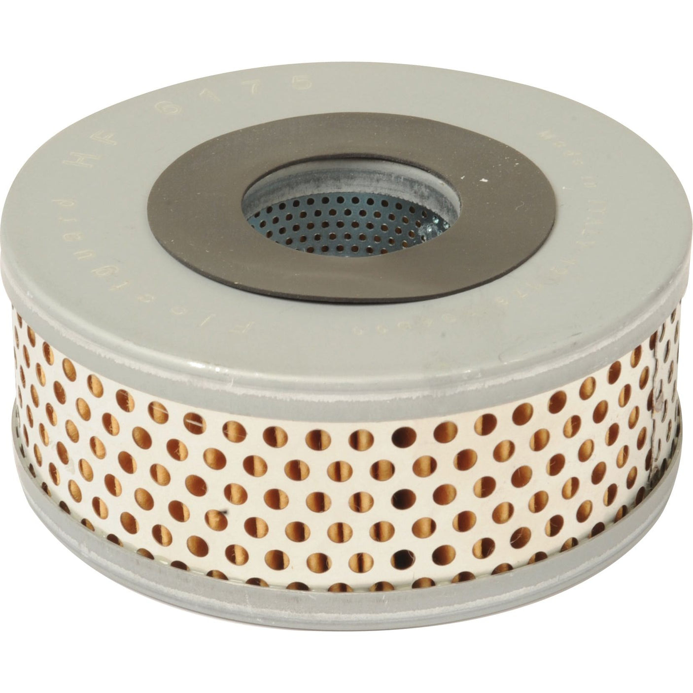 A Sparex Hydraulic Filter - Element (HF6175) featuring a cylindrical design, metallic outer casing with perforations, and a central hole, compatible with Case IH International Harvester machinery.