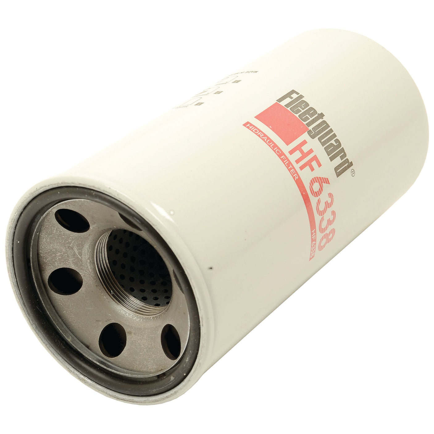 Image of a white Sparex hydraulic filter (HF6338), also known as a John Deere hydraulic filter, featuring a cylindrical design with multiple holes and a central mesh for filtering. The model number is clearly printed in red and black text. The Sparex Part No. is S.109314.