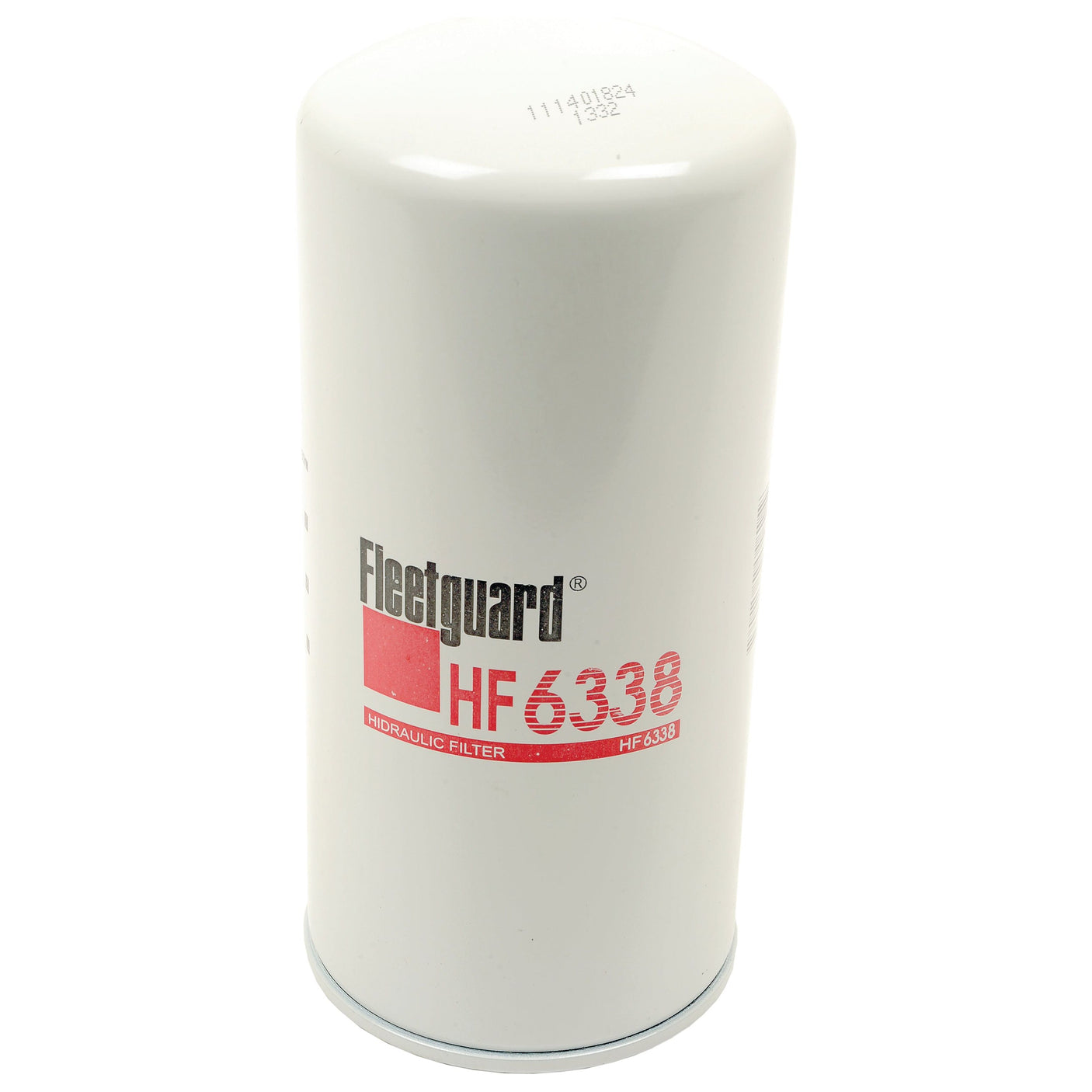 A white Sparex hydraulic filter, labeled Hydraulic Filter - Spin On - HF6338 (Sparex Part No. S.109314), stands upright against a white background, perfect for maintaining your John Deere.