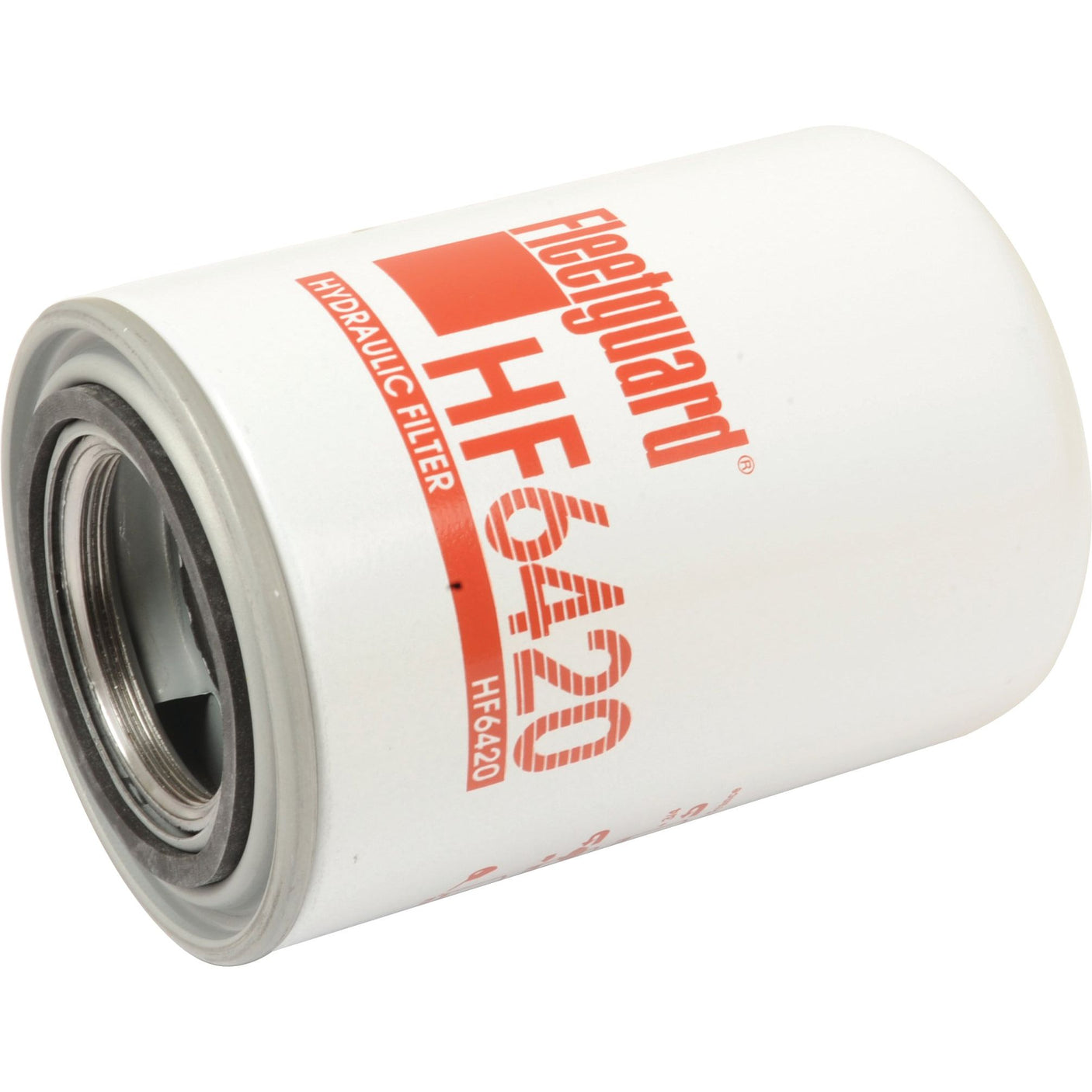 A white cylindrical hydraulic filter labeled "Hydraulic Filter - Spin On - HF6420" with the text printed in red on its surface, branded Sparex, and featuring a thread size of 2-16 UN-2B.