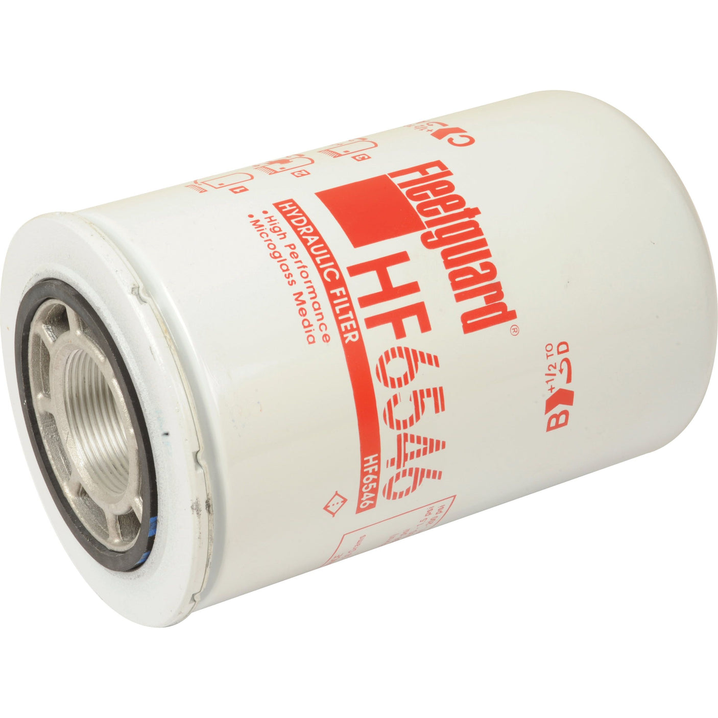 A white Sparex HF6546 spin-on hydraulic filter, featuring red text and branding, reminiscent of John Deere filters, is shown against a plain white background.