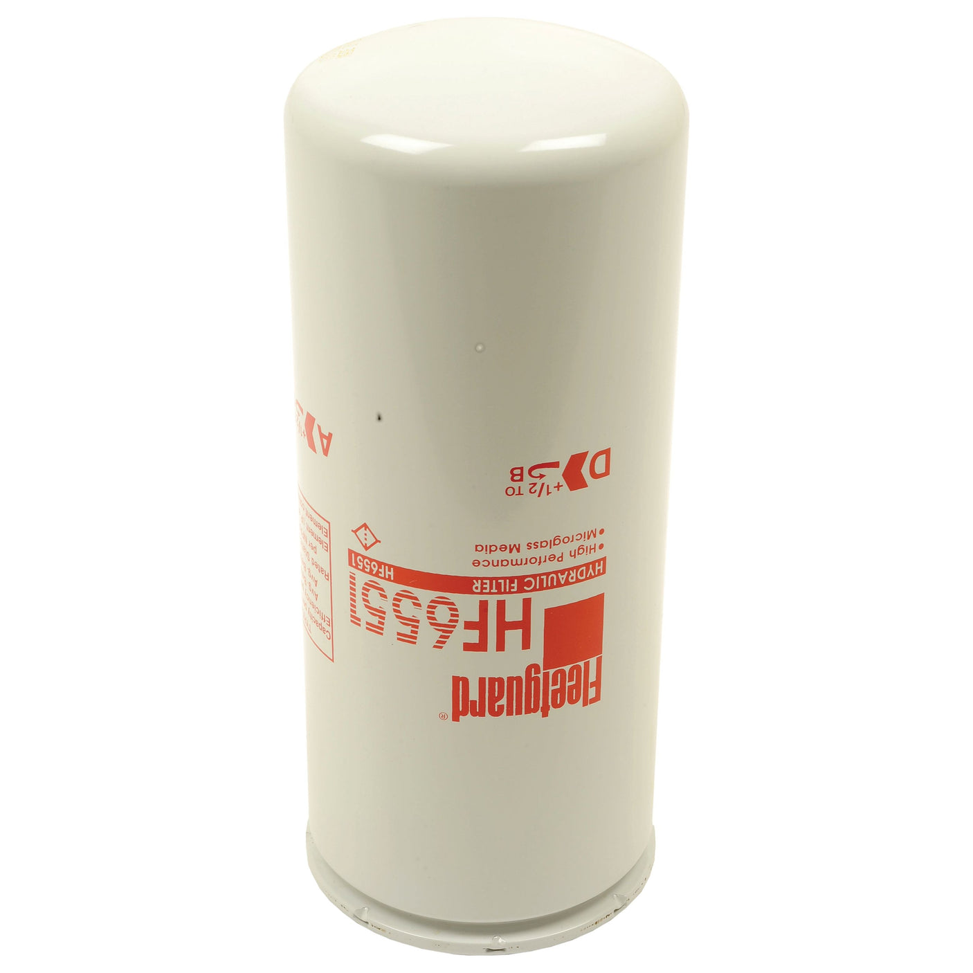 The Sparex Hydraulic Filter - Spin On, featuring the model number HF6551 and labeled with specific product data, is a white cylindrical oil filter with red text printing. Compatible with LEXION systems, this filter includes a thread size of 1 3/8'' - 12 UNF-2B.