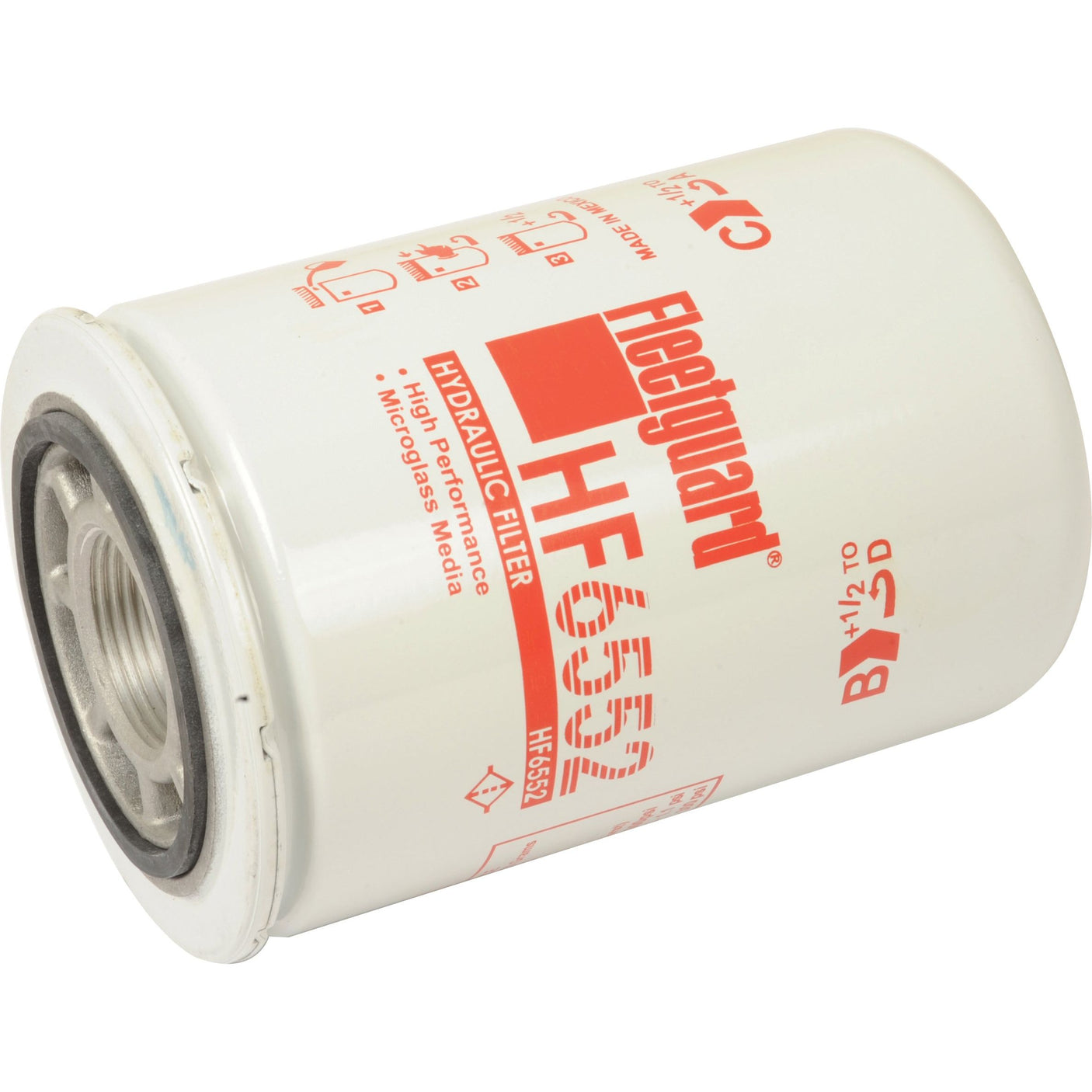 The Sparex Hydraulic Filter - Spin On - HF6552, also known by Sparex Part No.S.109339, features a cylindrical shape with a white exterior and red labeling. It is designed for high-performance filtration with Microglass media, making it ideal for compatible machinery such as the John Deere 8100.