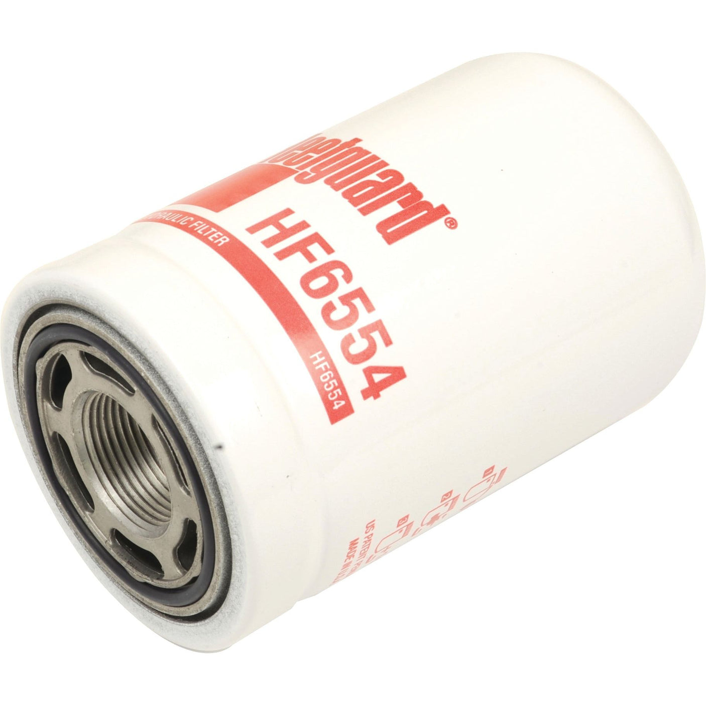 Close-up of a white cylindrical hydraulic filter with red text "HF6554" and brand name "Sparex" printed on it. The spin-on filter has a threaded opening for installation, ensuring ease of use.