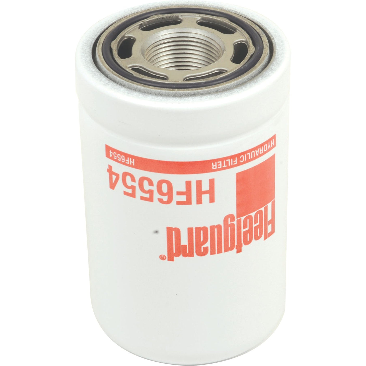 A white Sparex Hydraulic Filter - Spin On - HF6554 (Sparex Part No. S.109340), featuring a metal top and threaded center hole, designed for fluid filtration purposes. This spin-on filter ensures efficient and reliable performance.