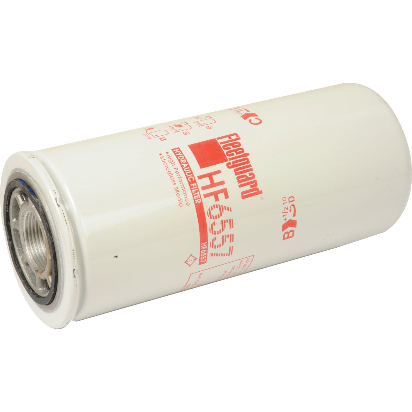 A white cylindrical Sparex Hydraulic Filter - Spin On - HF6557 with red text and a threaded opening, compatible with John Deere.